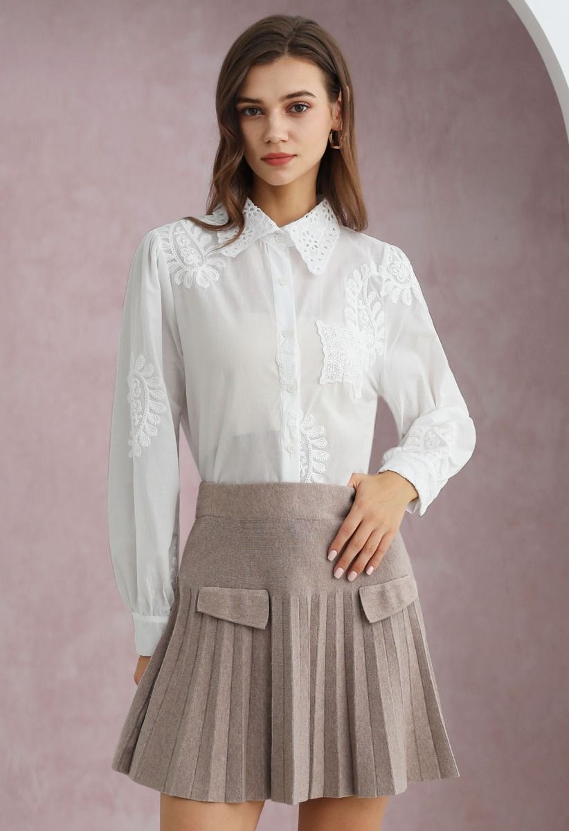 Paisley-Inspired Floral Embroidery Button-Up Shirt in White