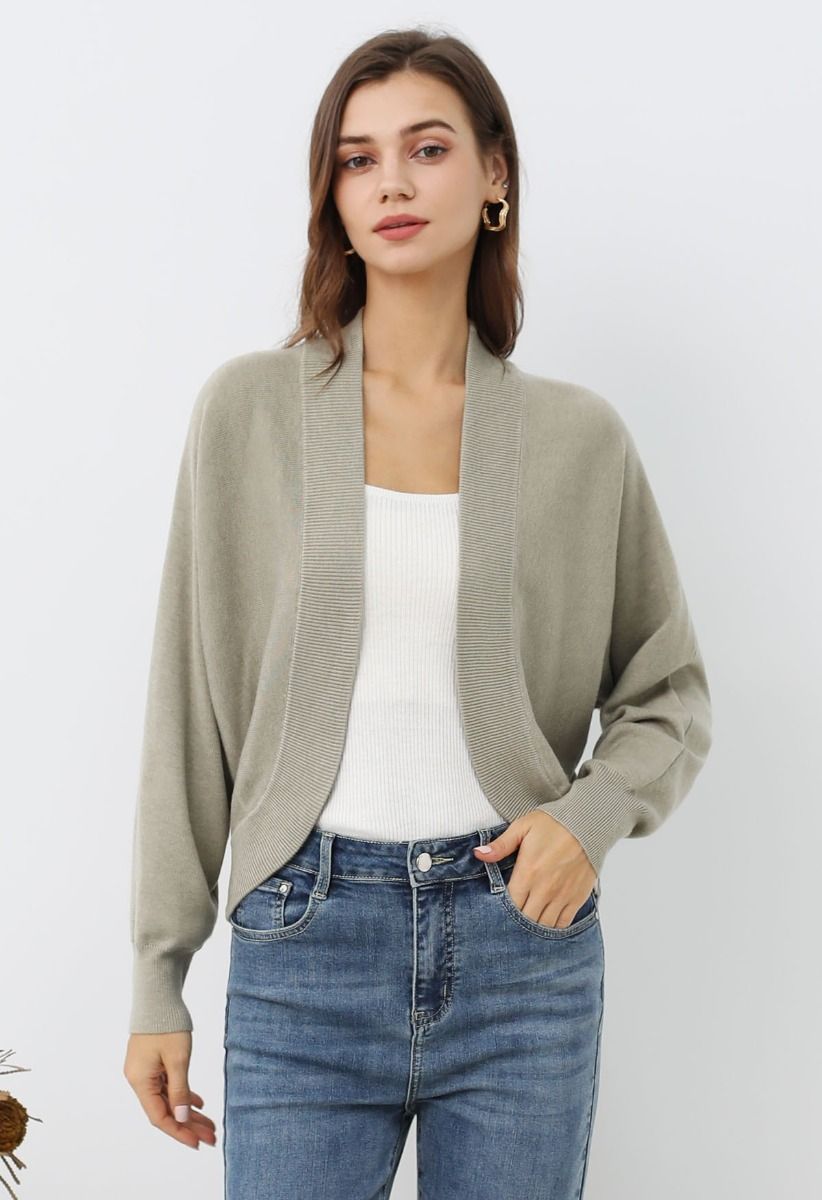 Minimalist Open-Front Ribbed Edge Knit Cardigan in Khaki