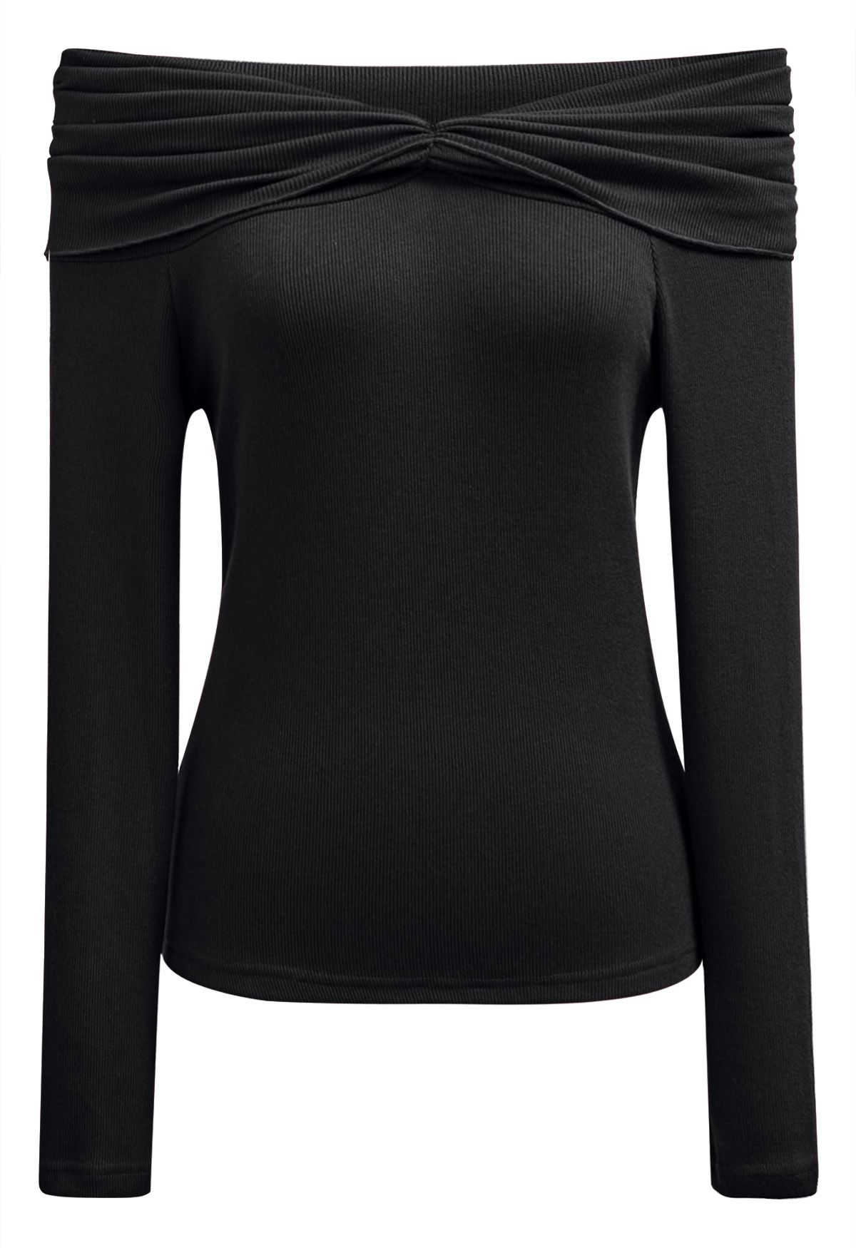 Ruched Fold Neckline Long Sleeve Off-Shoulder Top in Black