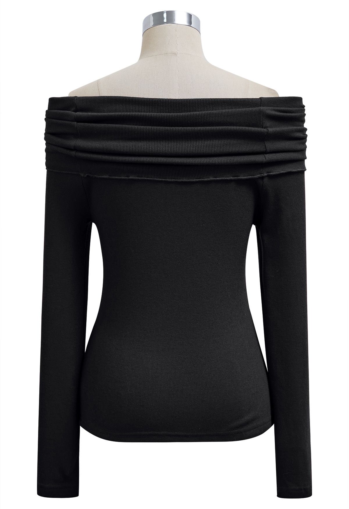 Ruched Fold Neckline Long Sleeve Off-Shoulder Top in Black