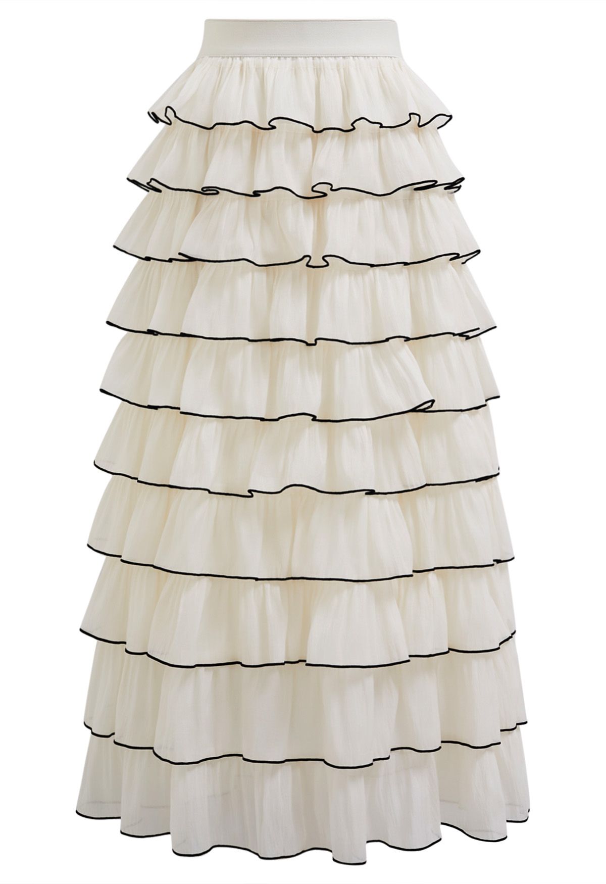 Contrasting Edges Tiered Ruffle Maxi Skirt in Cream