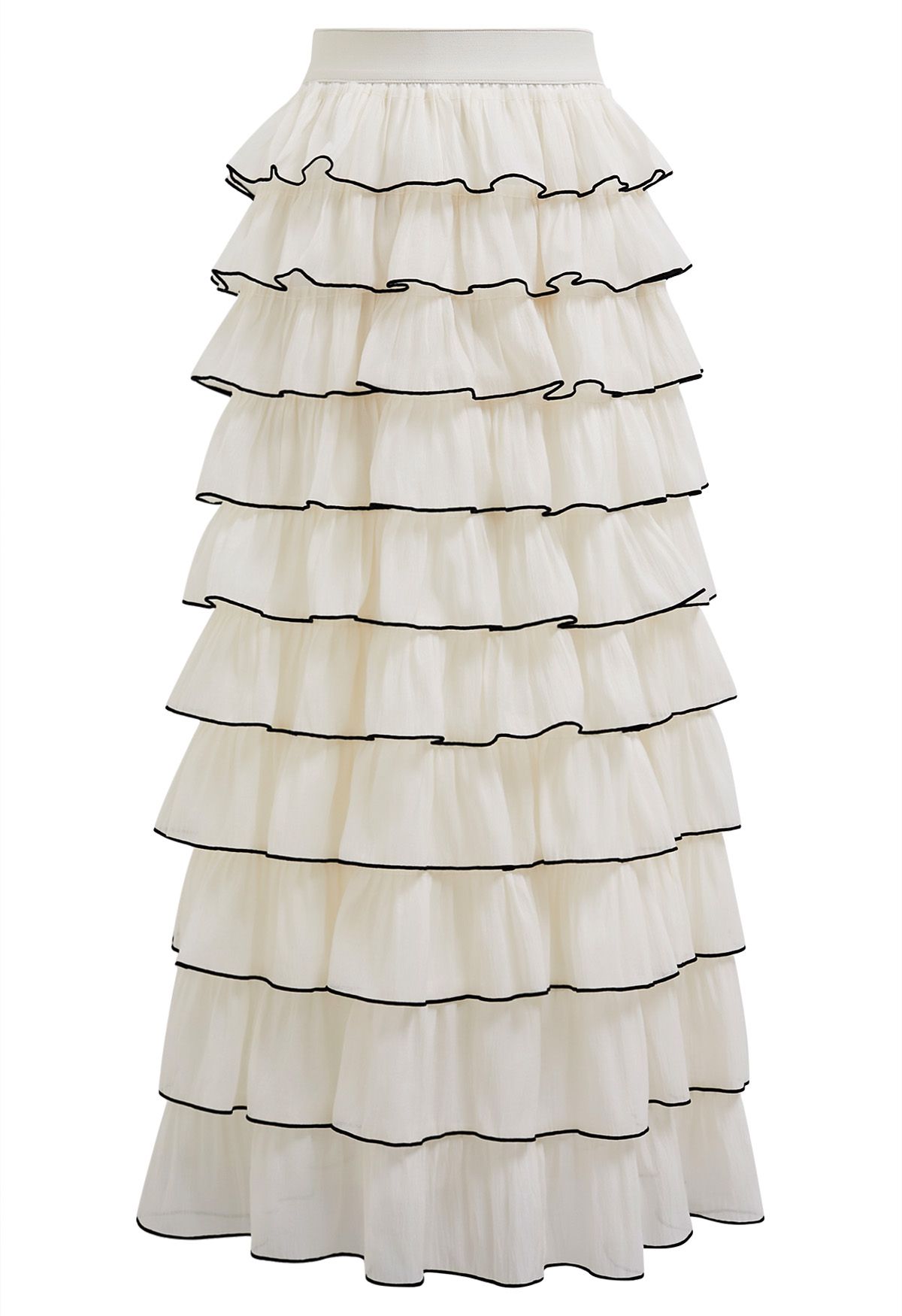 Contrasting Edges Tiered Ruffle Maxi Skirt in Cream