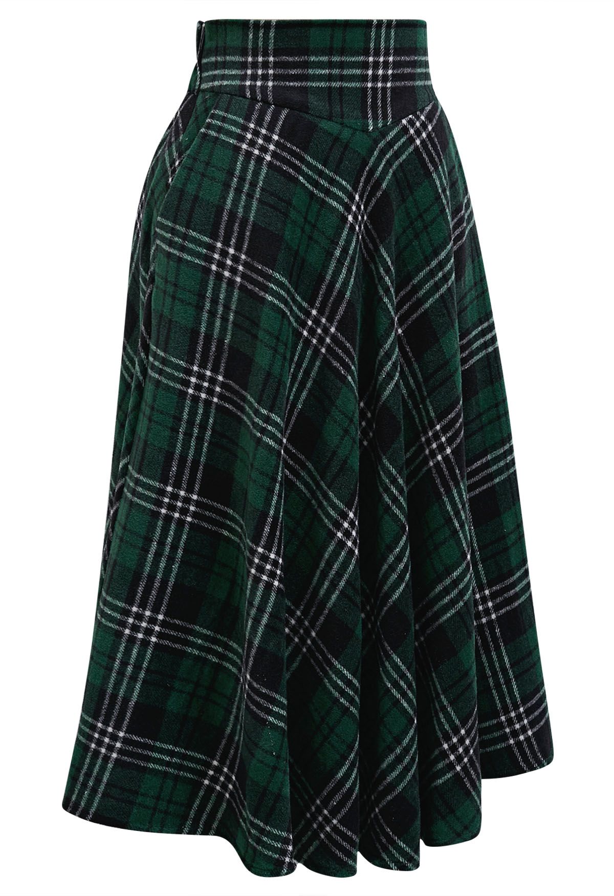 Sophisticated Plaid A-Line Midi Skirt in Dark Green