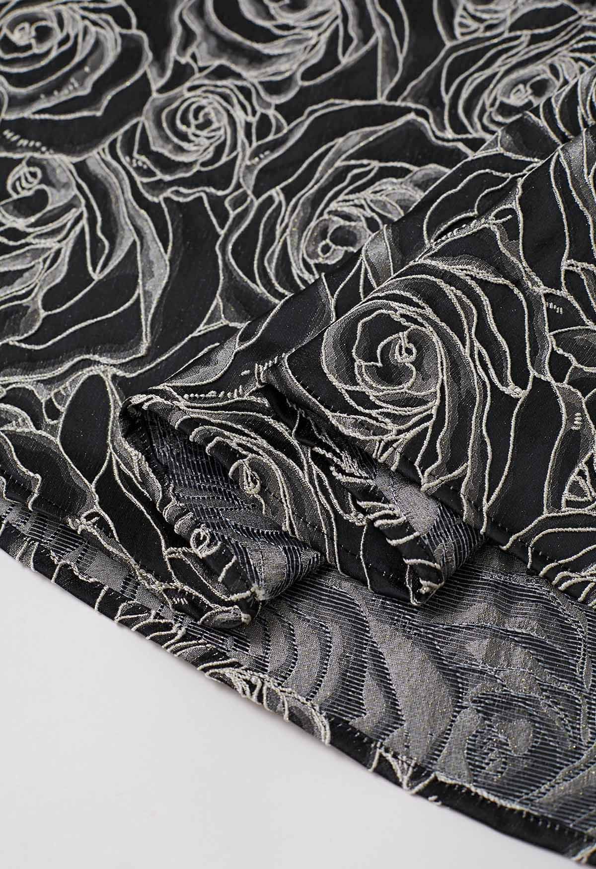 Delicate Roses Jacquard Embossed A-Line Midi Skirt in Black