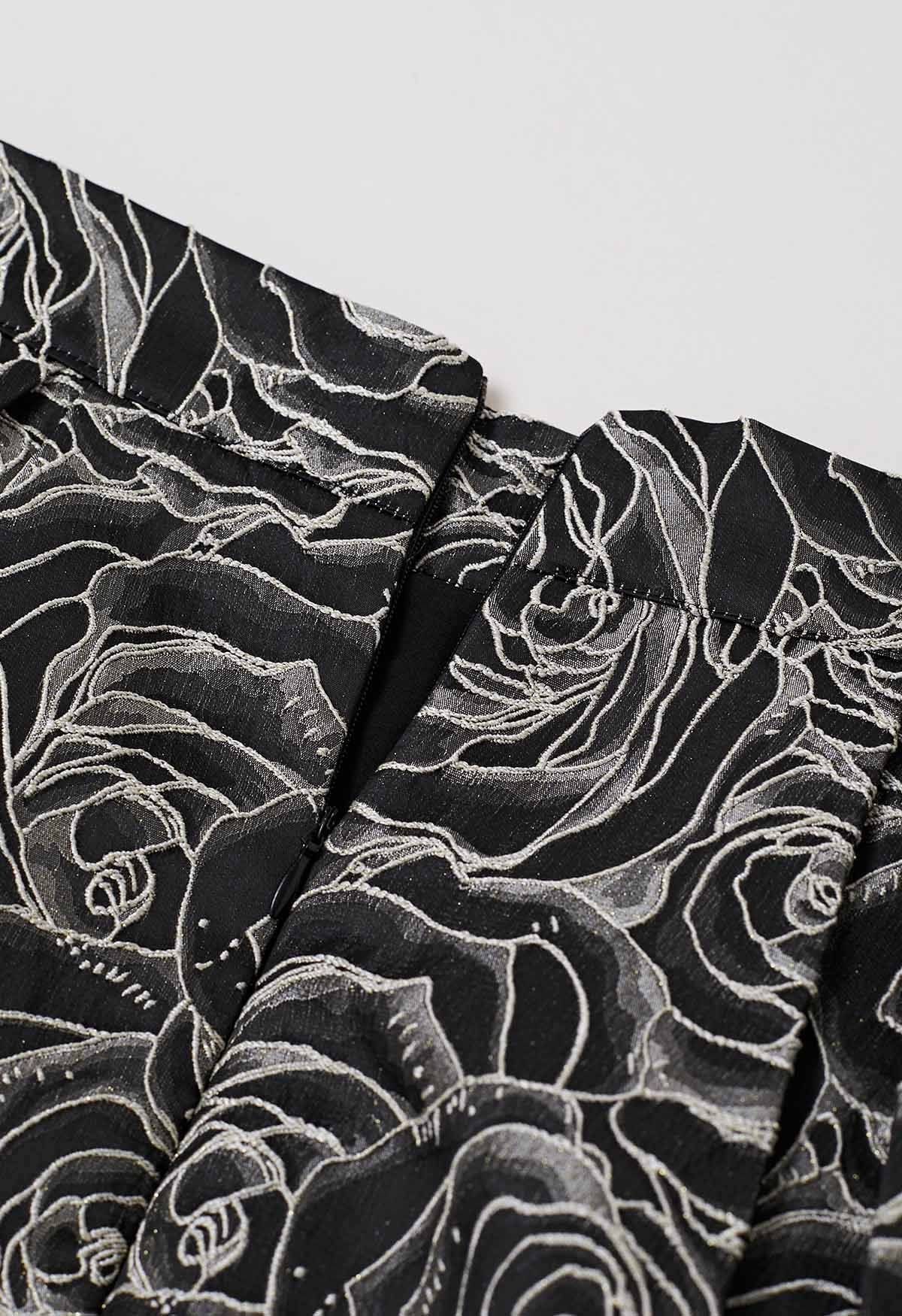 Delicate Roses Jacquard Embossed A-Line Midi Skirt in Black