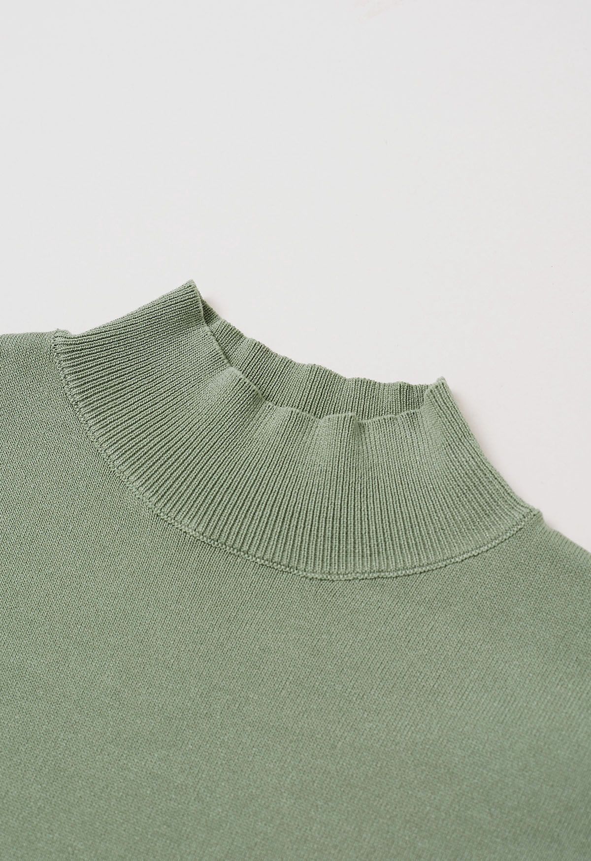 Mock Neck Embroidered Lantern Sleeve Knit Top in Pistachio