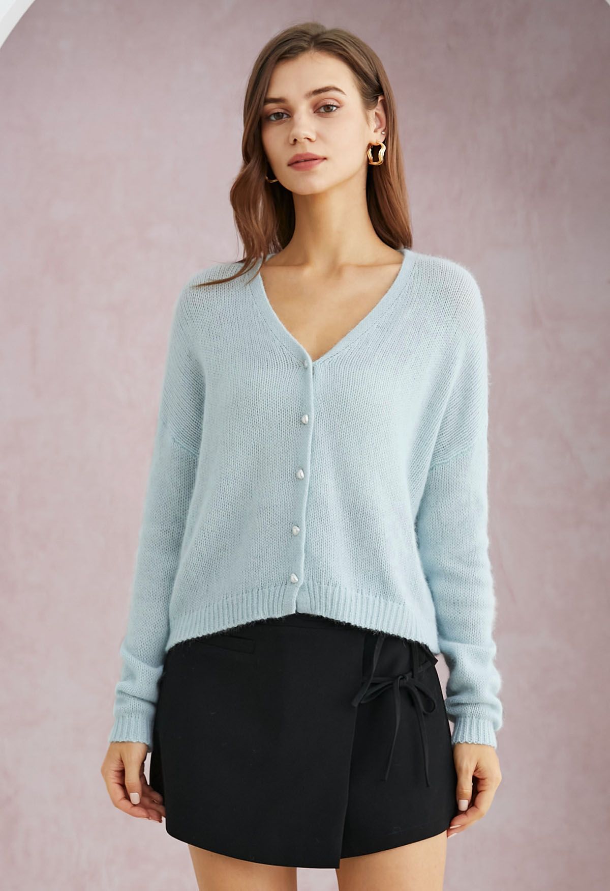 Solid Color Pearly Button Knit Cardigan in Mint