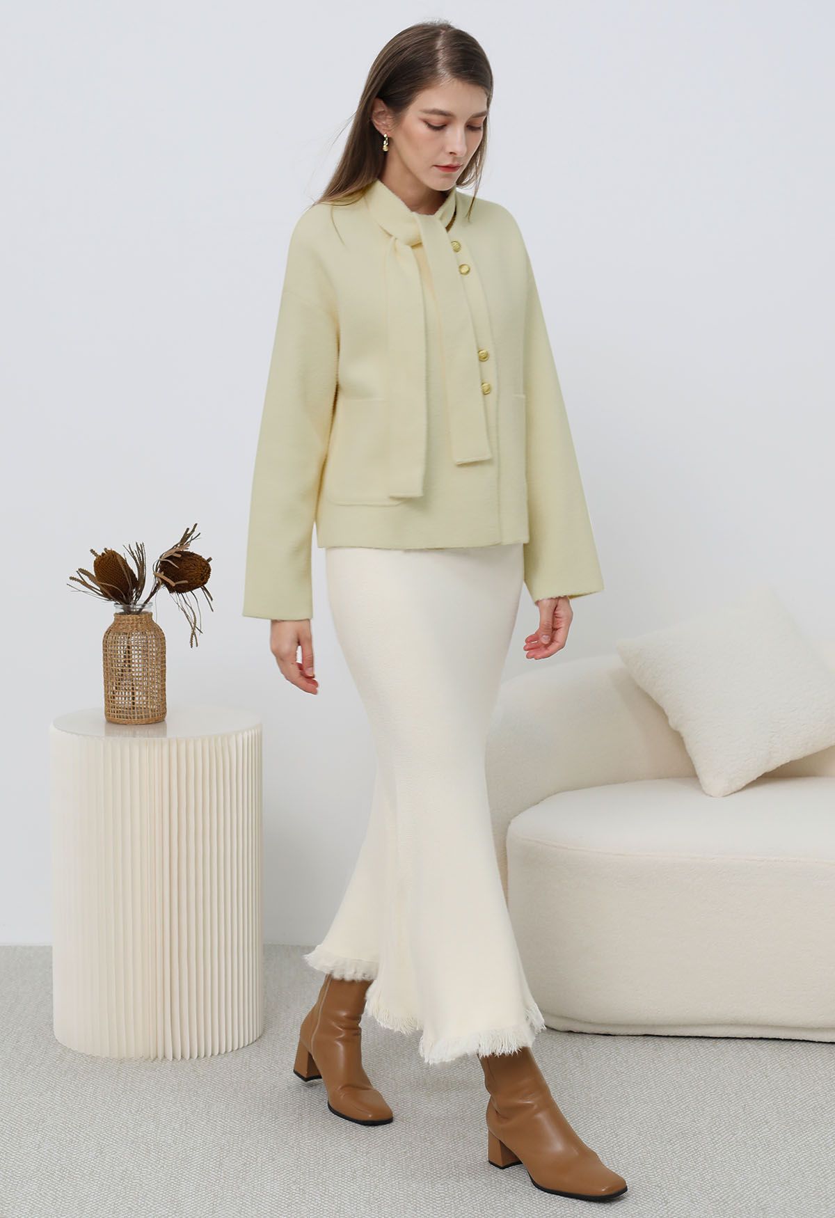 Detachable Tie-Neck Golden Button Knit Coat in Light Yellow