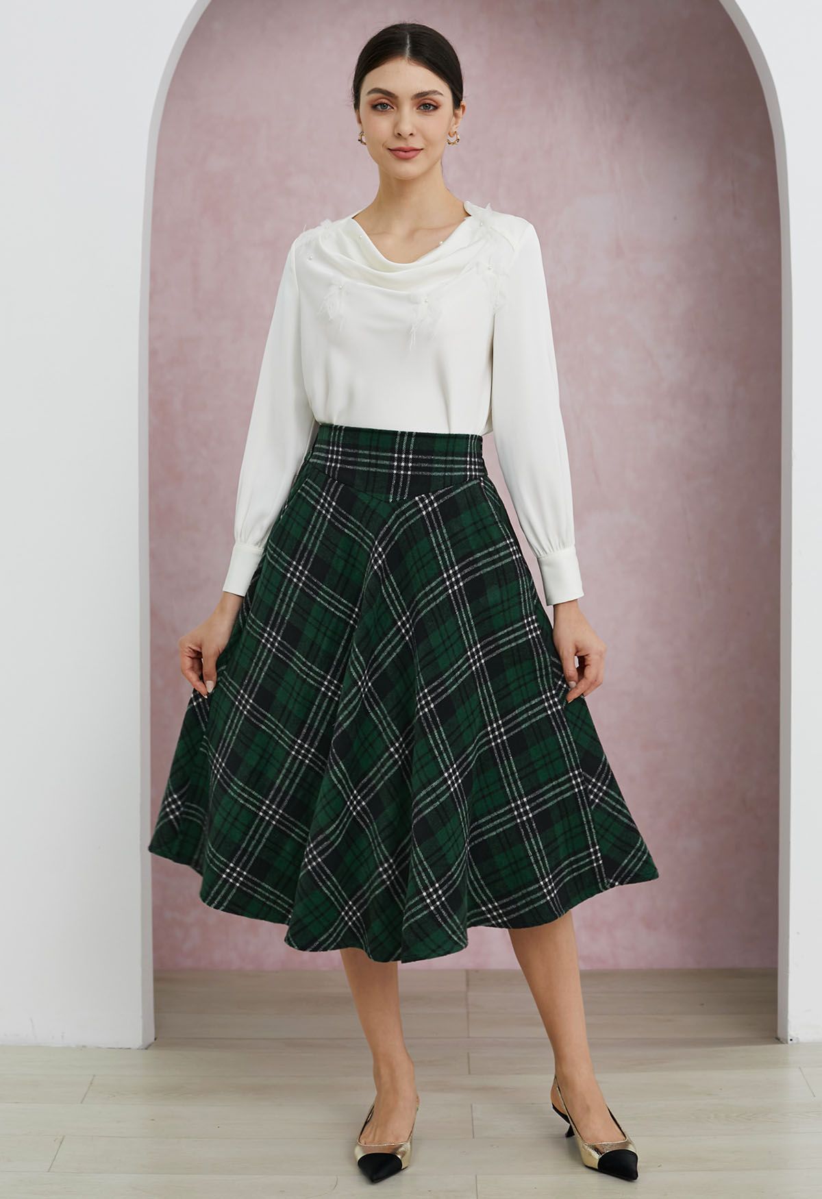 Sophisticated Plaid A-Line Midi Skirt in Dark Green