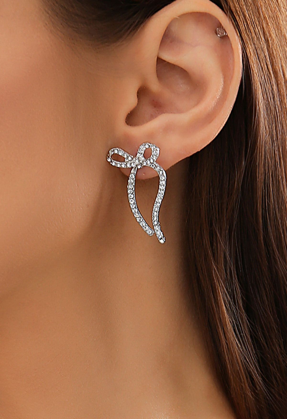 Rhinestone Insert Bowknot Earrings in Silver