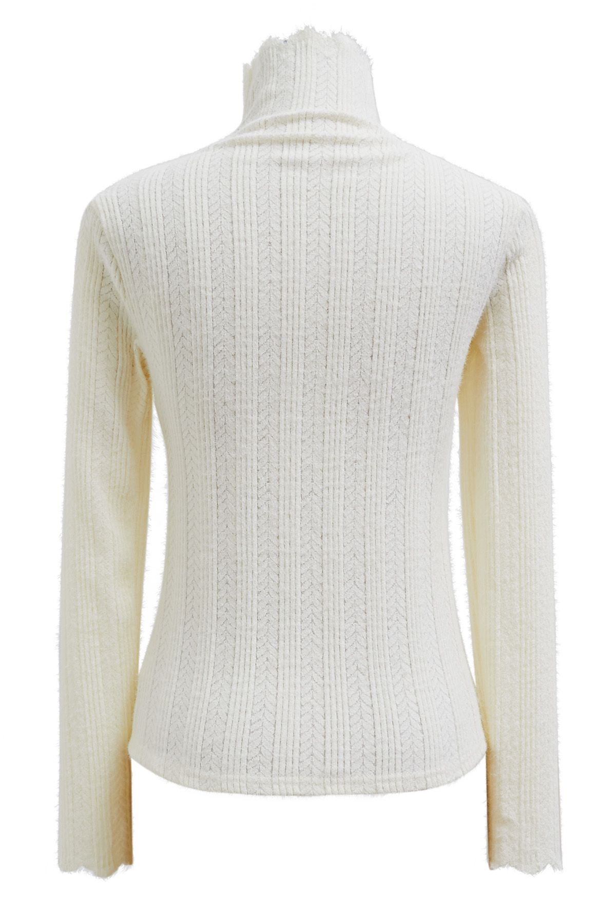 Fuzzy Ribbed Texture High Neck Top in White