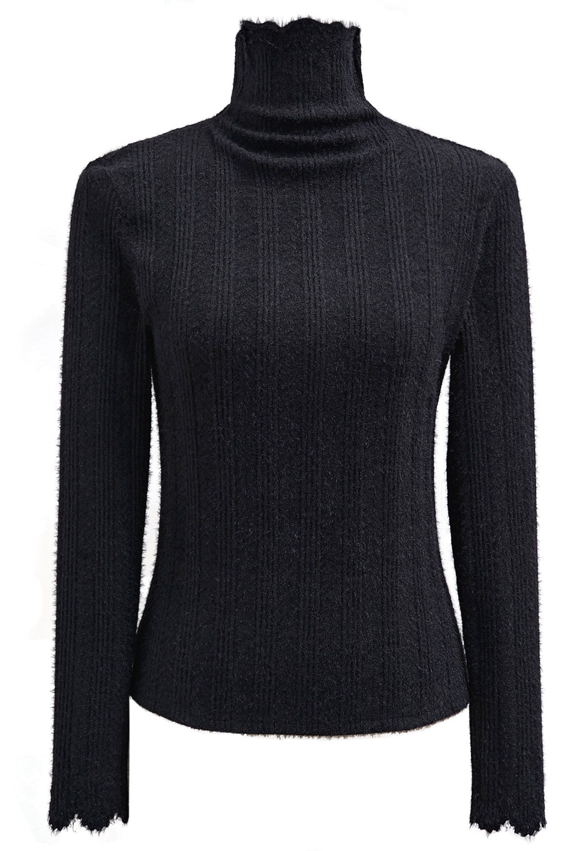 Fuzzy Ribbed Texture High Neck Top in Black