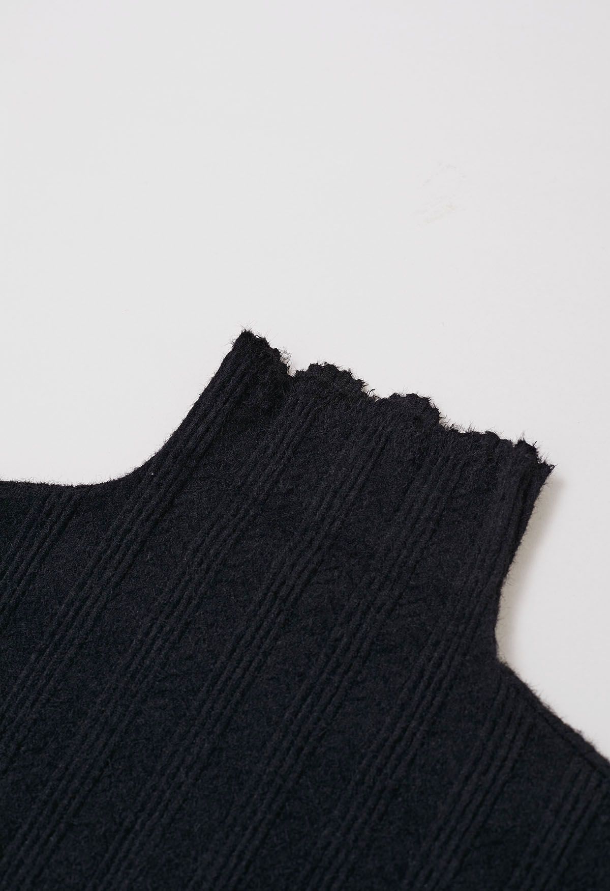 Fuzzy Ribbed Texture High Neck Top in Black