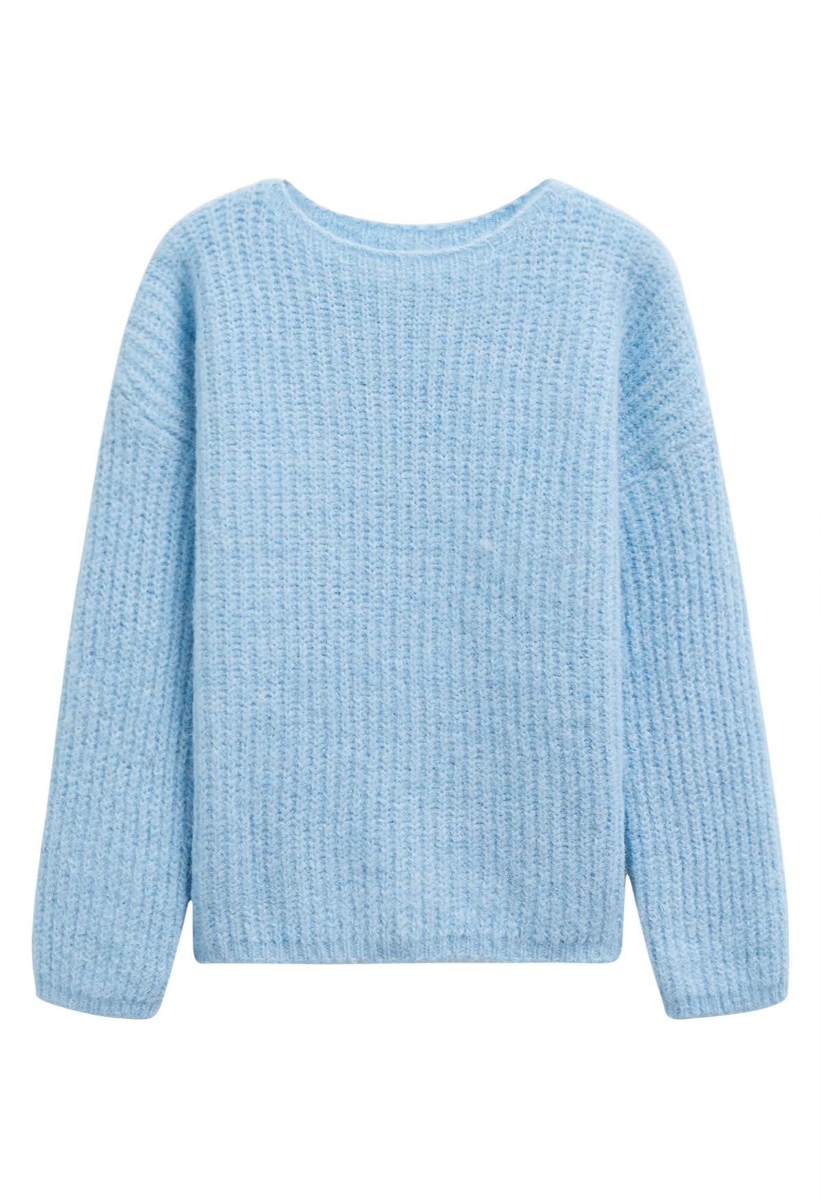 Solid Color Rib Knit Sweater in Light Blue