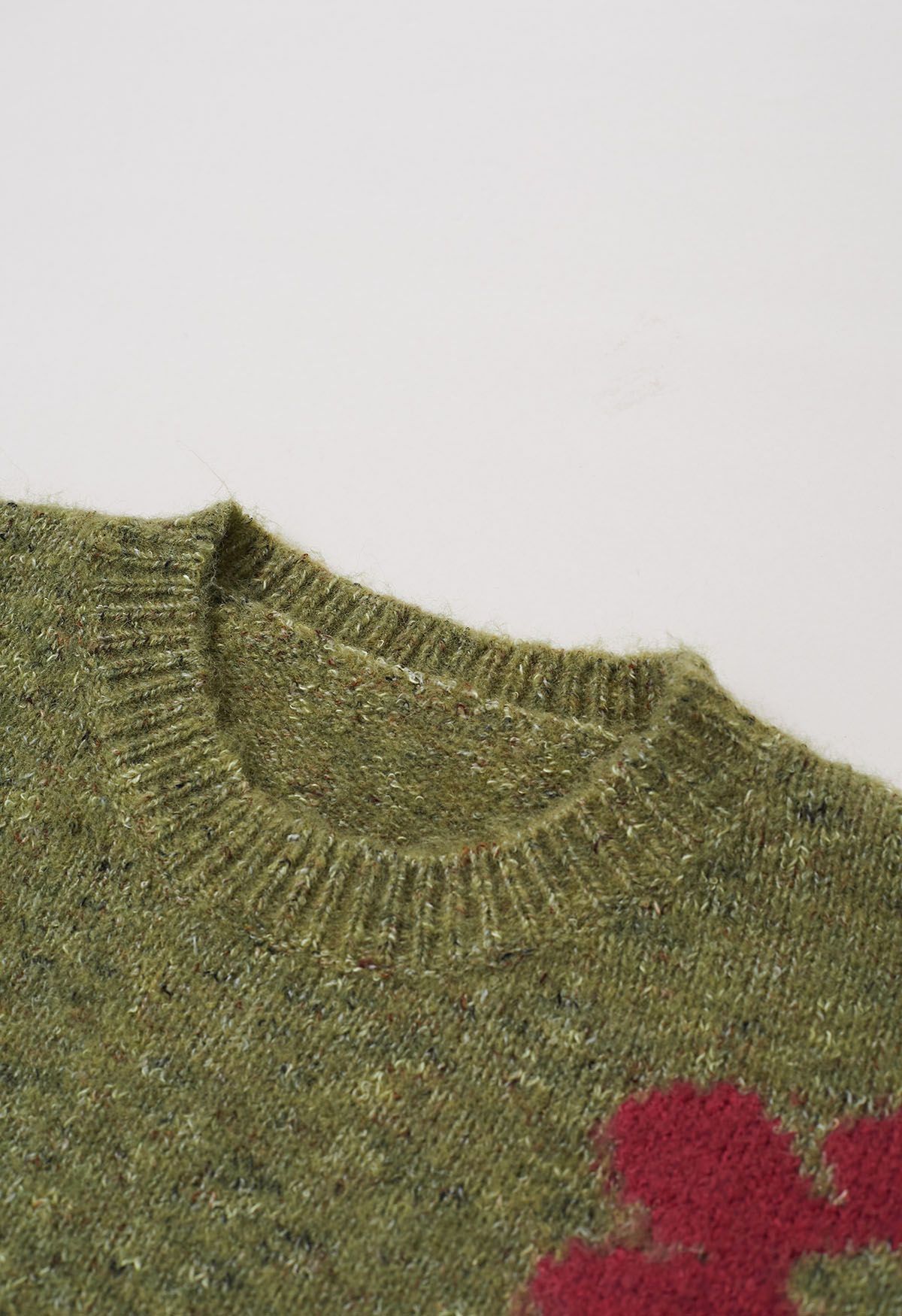 Multicolored Floral Pattern Fuzzy Knit Sweater in Moss Green