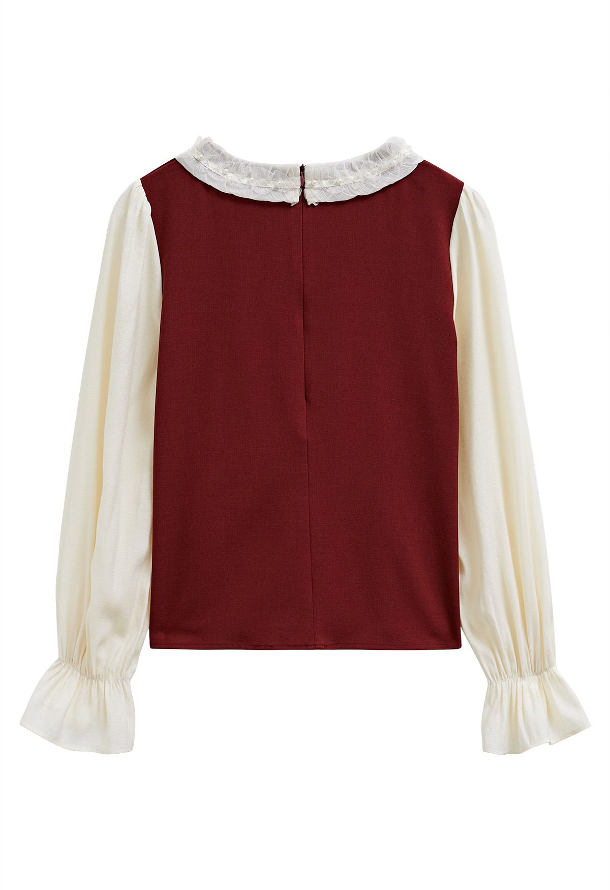 Contrast Pearl Trim Ruffle Neck Flare Cuff Top in Red