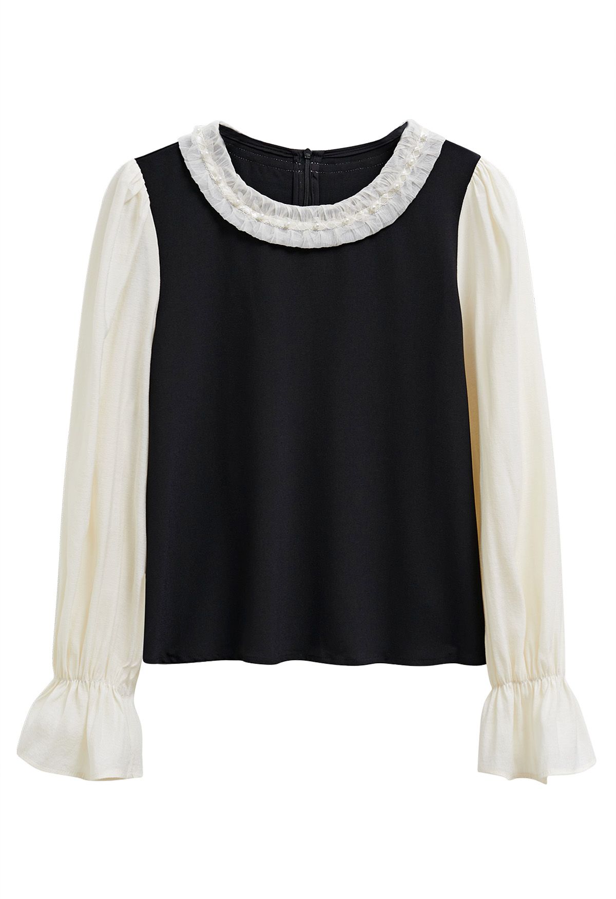 Contrast Pearl Trim Ruffle Neck Flare Cuff Top in Black