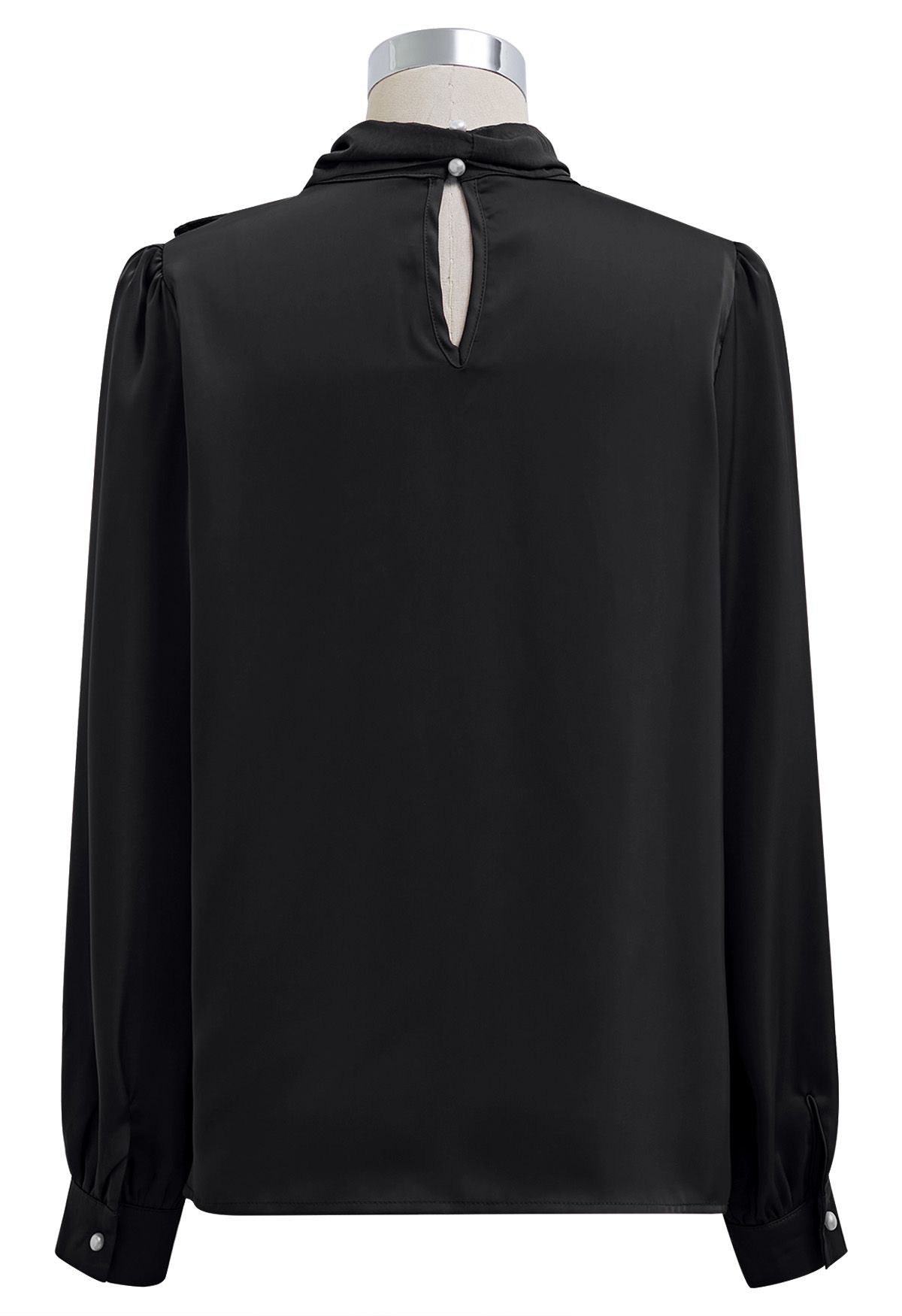 Pearl Neckline Side Bowknot Satin Top in Black