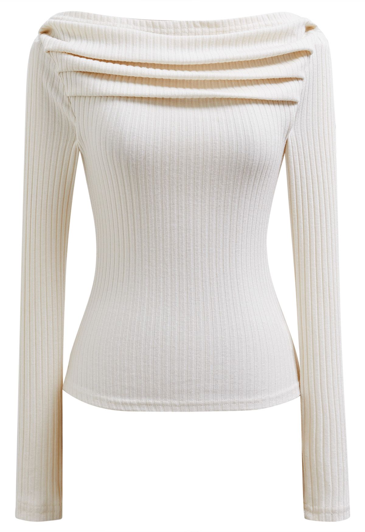 Ribbed Texture Off-Shoulder Ruched Cotton Top in Ivory