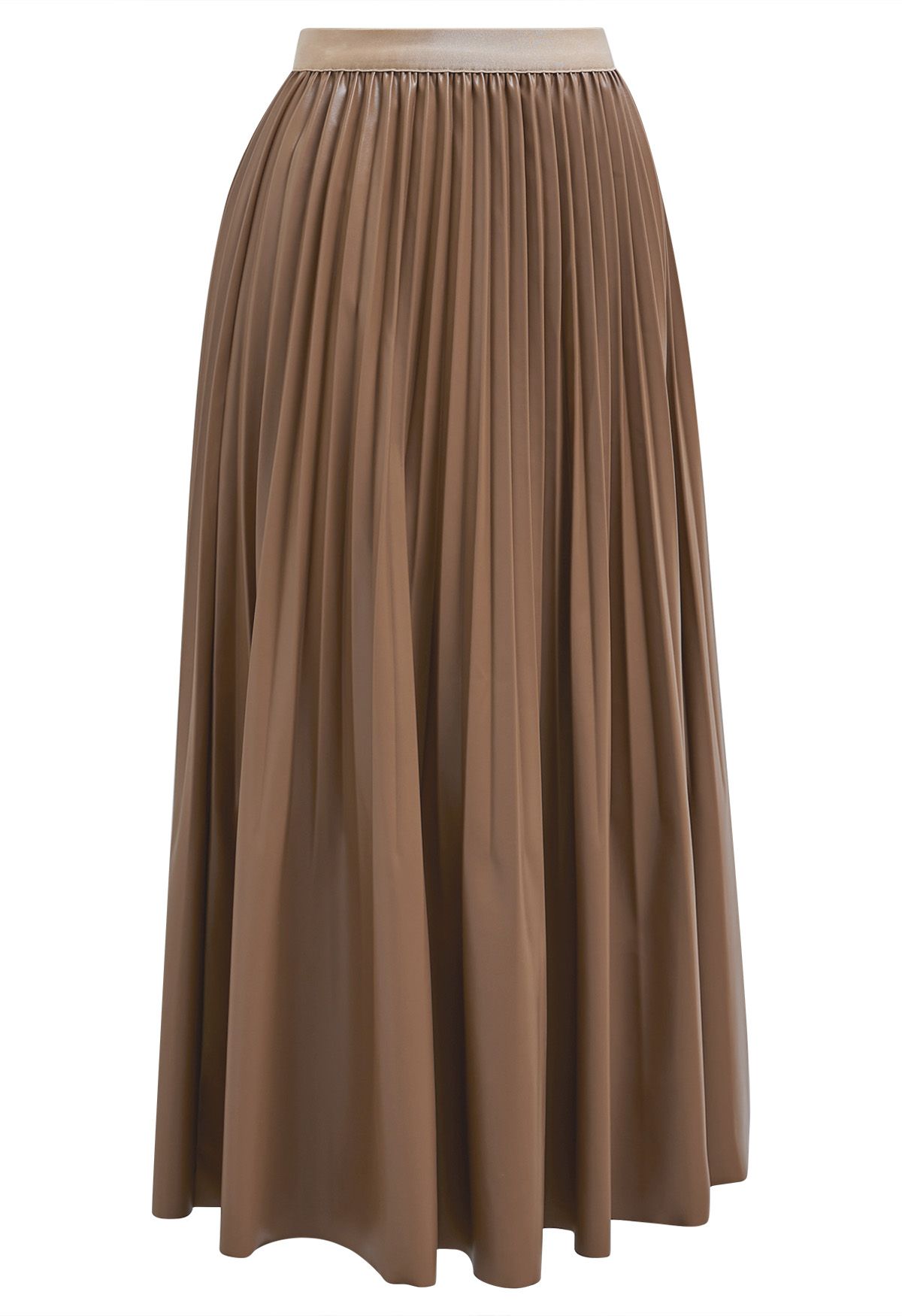 Versatile Faux Leather Pleated Midi Skirt in Brown