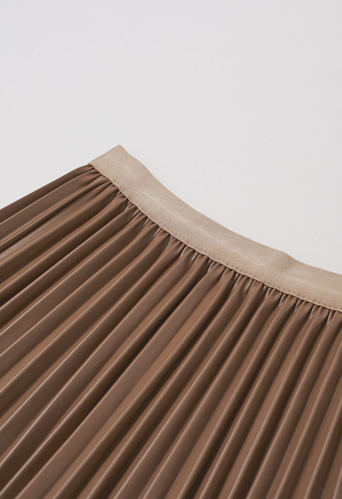 Versatile Faux Leather Pleated Midi Skirt in Brown