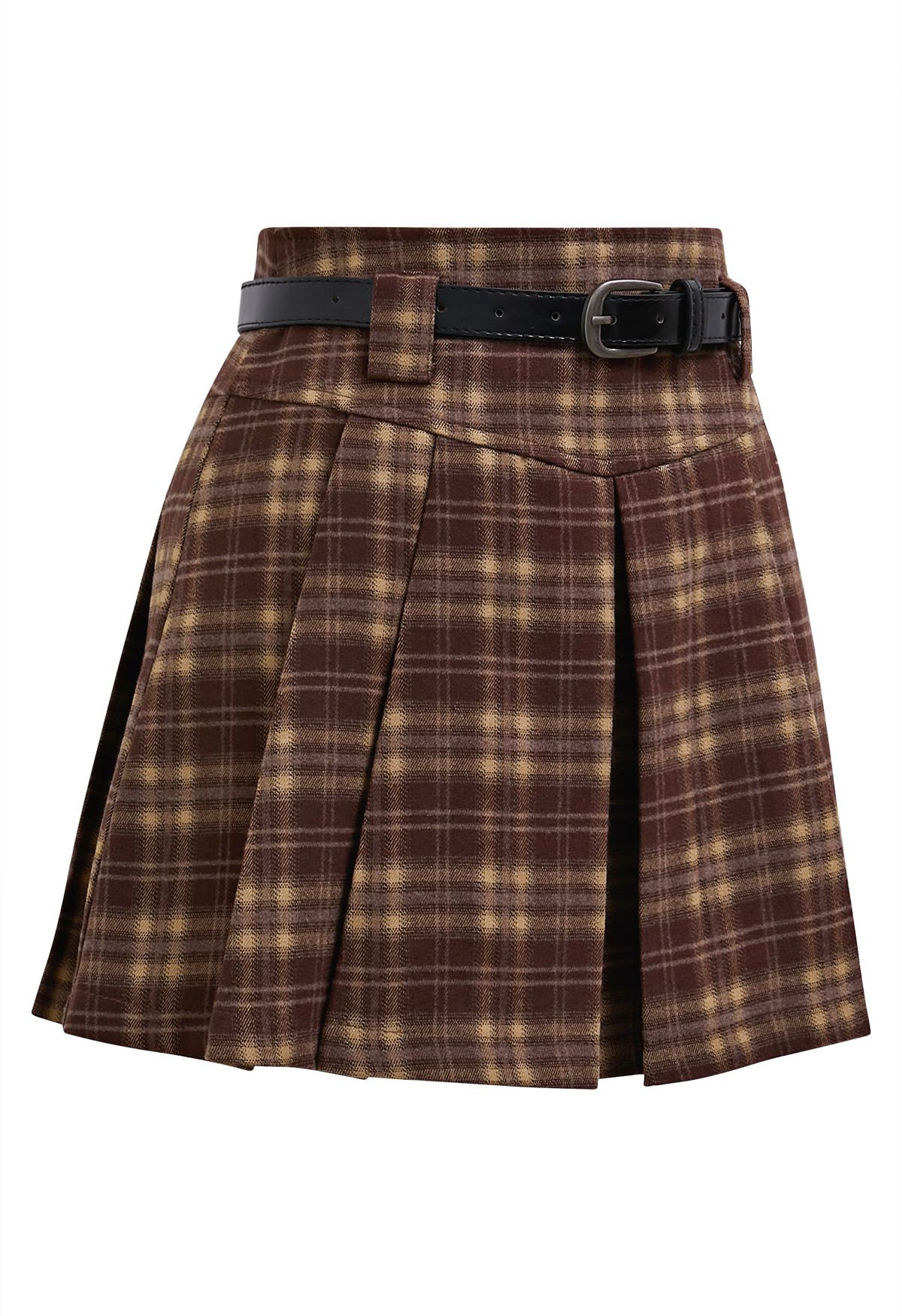 Pretty Plaid Box Pleat Belted Mini Skirt in Plum