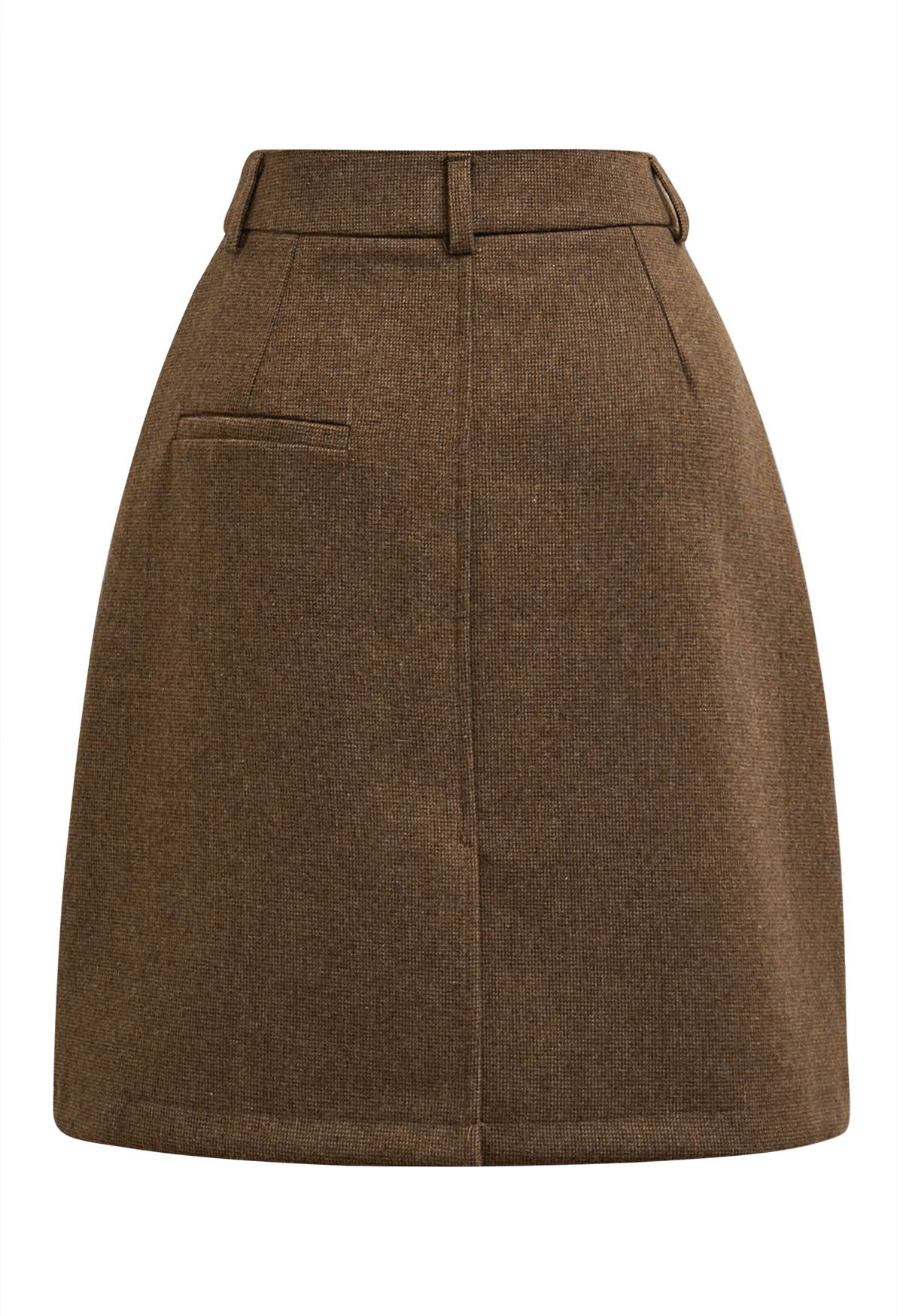 Buttoned Trim Flap Pocket Roll-Hem Tweed Skirt in Brown