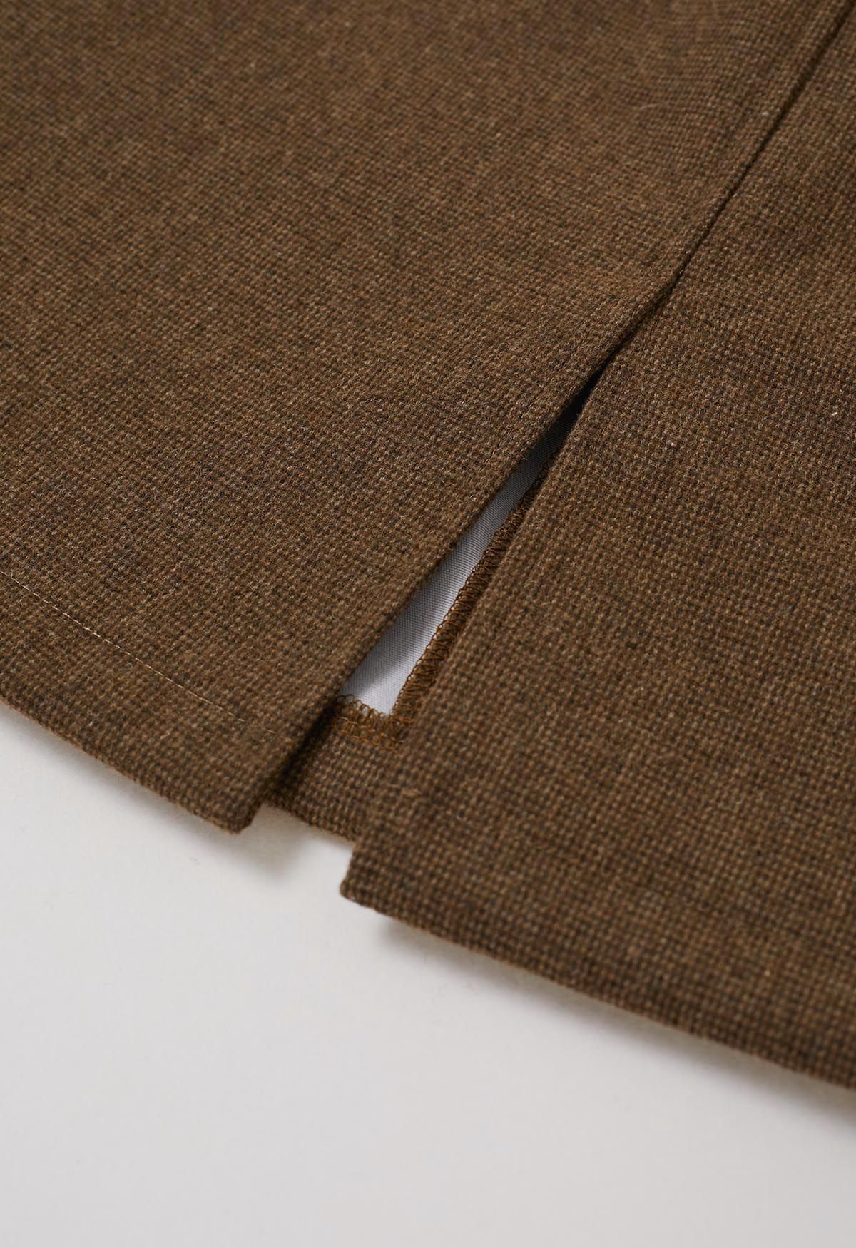 Buttoned Trim Flap Pocket Roll-Hem Tweed Skirt in Brown