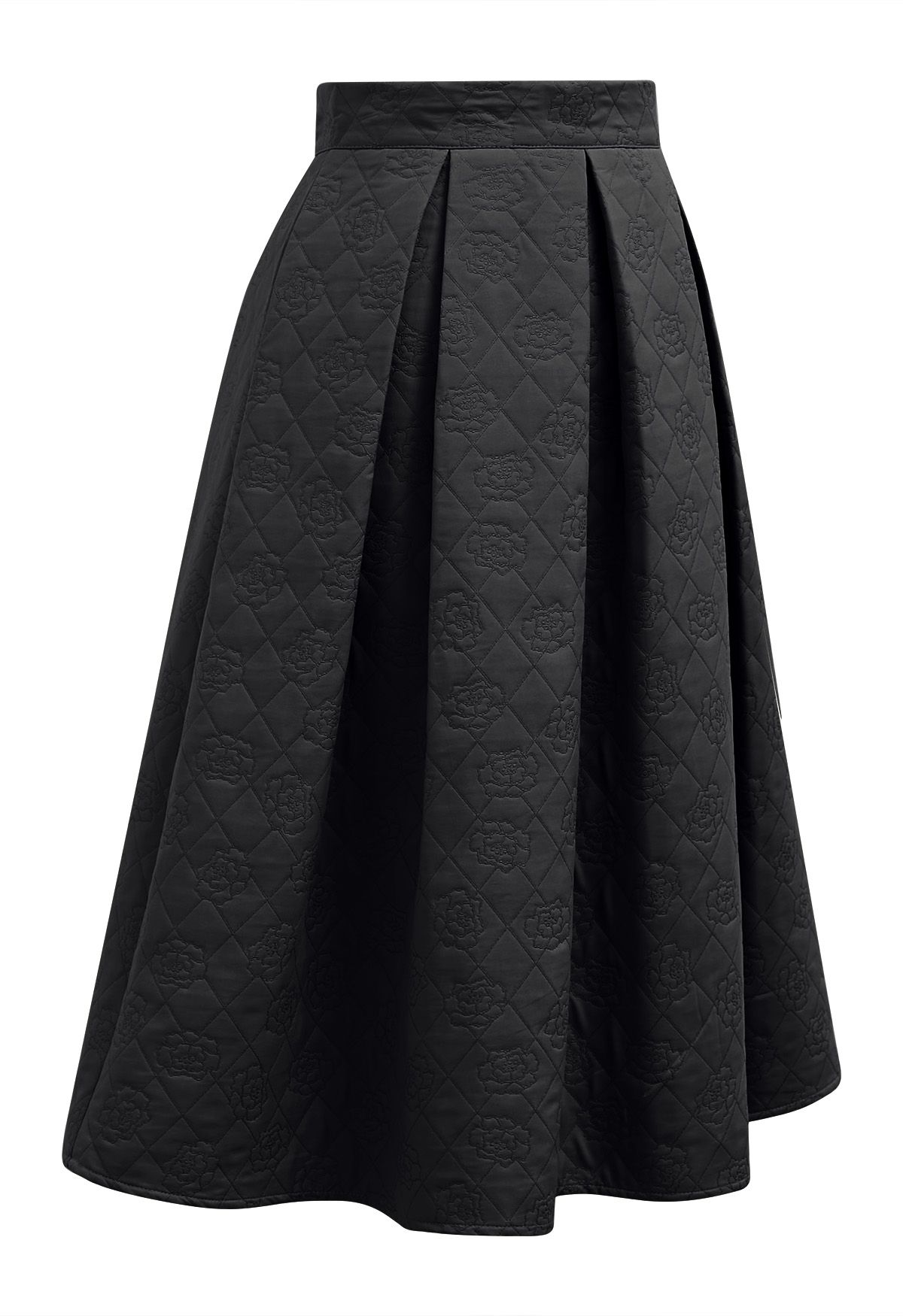 Graceful Silhouette Rose Embossed Pleats Midi Skirt in Black