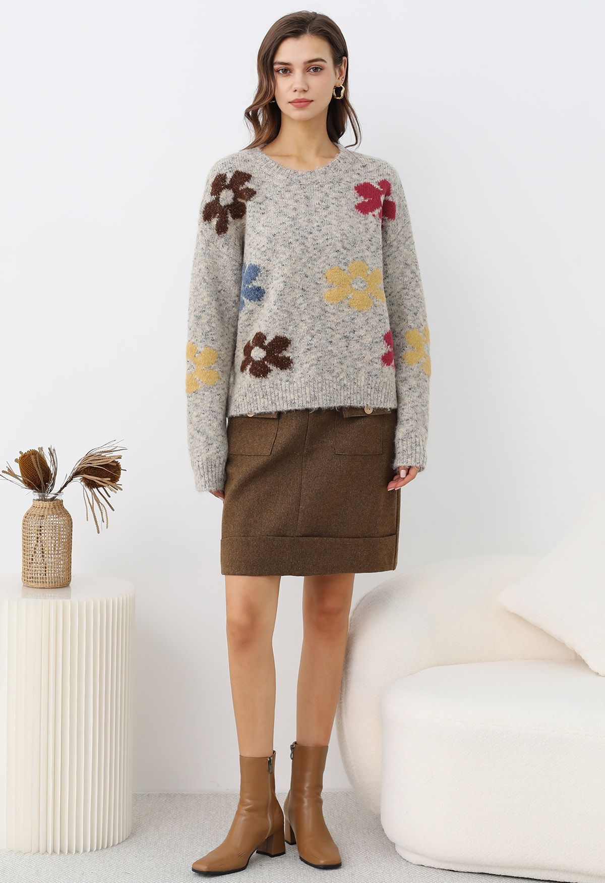 Multicolored Floral Pattern Fuzzy Knit Sweater in Oatmeal