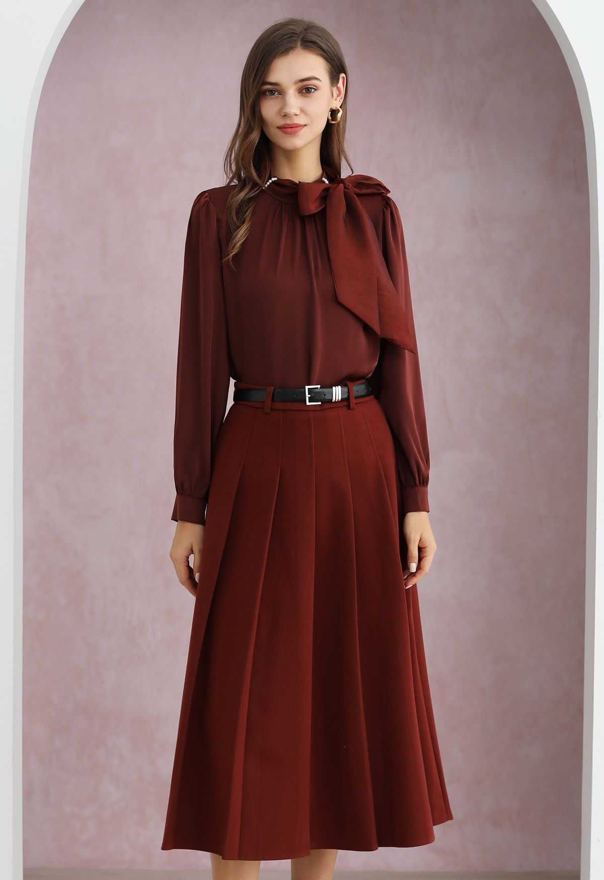 All Seasons Belted Pleated Midi Skirt in Red