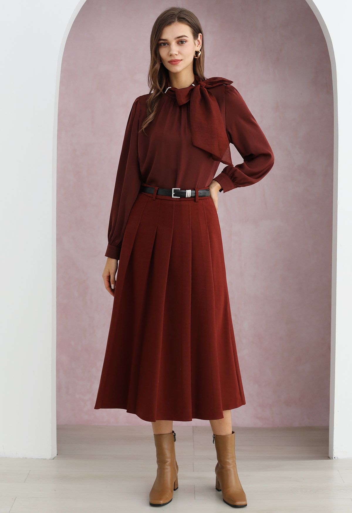 All Seasons Belted Pleated Midi Skirt in Red