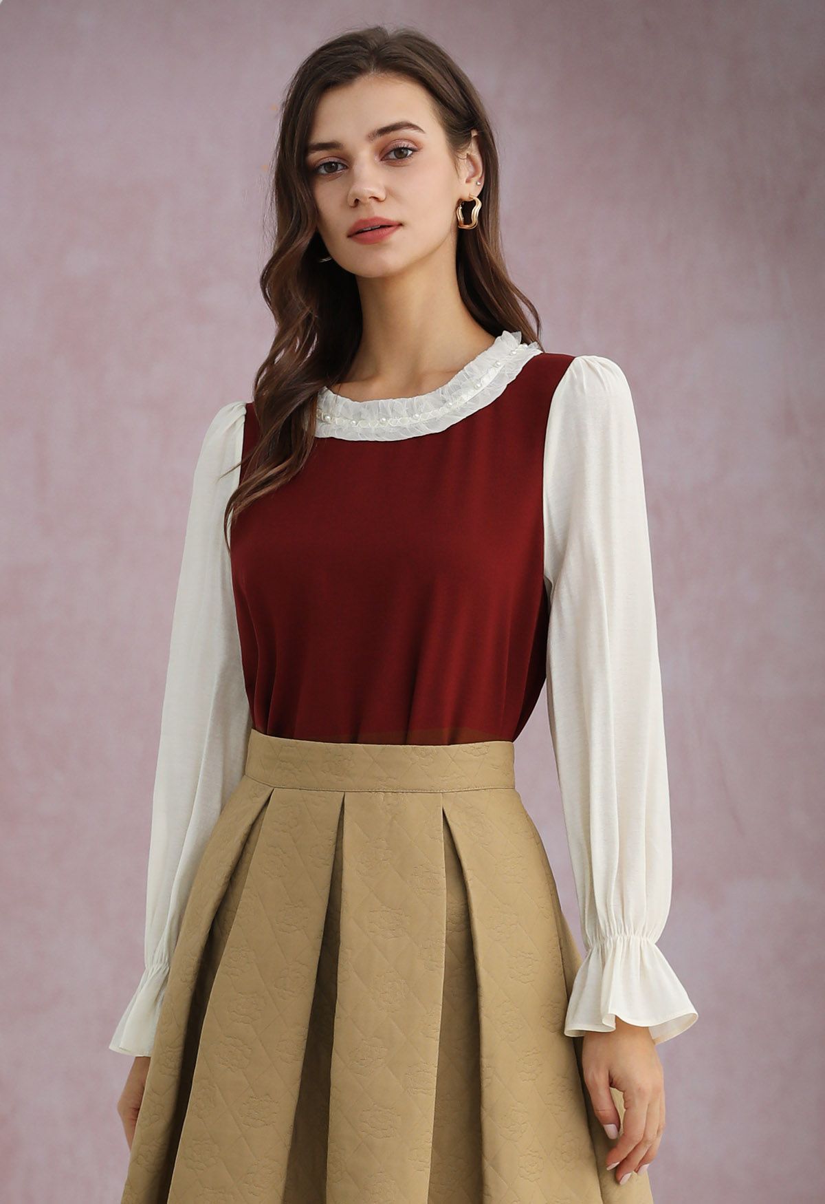 Contrast Pearl Trim Ruffle Neck Flare Cuff Top in Red