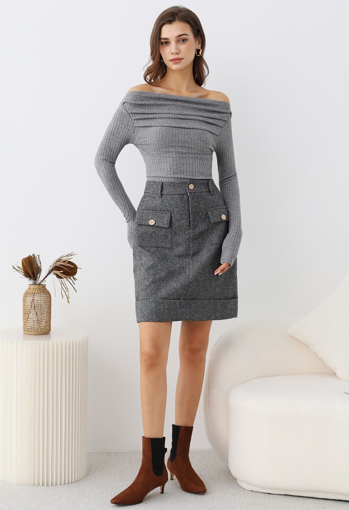 Ribbed Texture Off-Shoulder Ruched Cotton Top in Grey