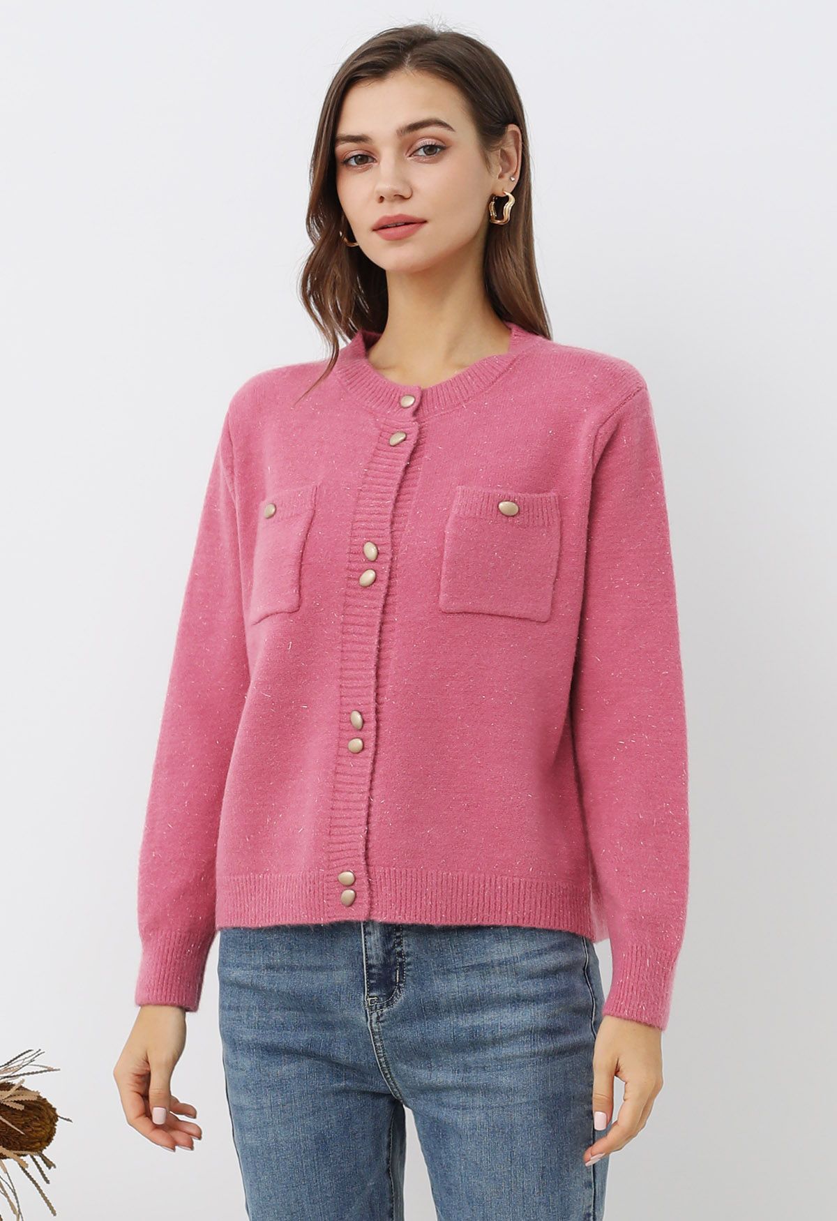 Stylish Button Shimmer Fringe Knit Cardigan in Candy Pink