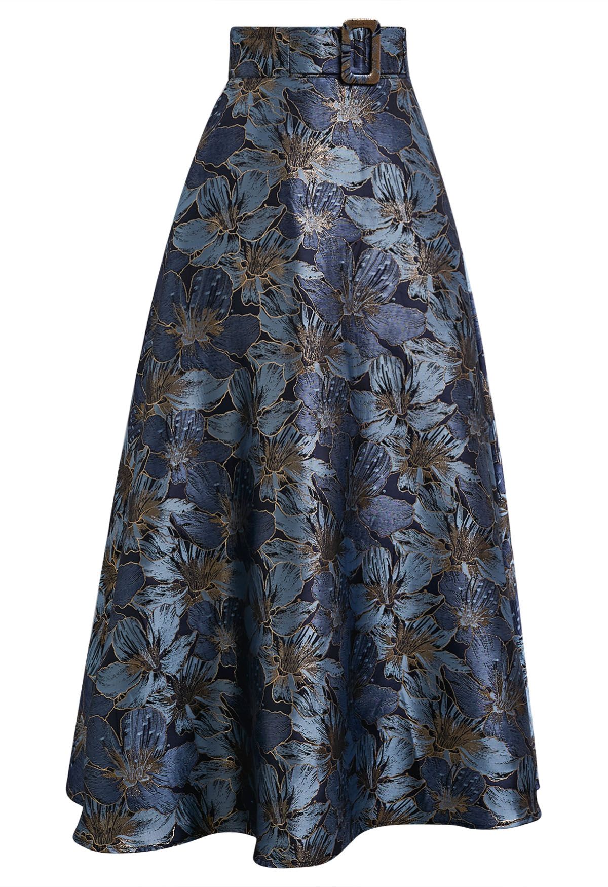 Opulent Bloom Jacquard Belted Flare Maxi Skirt