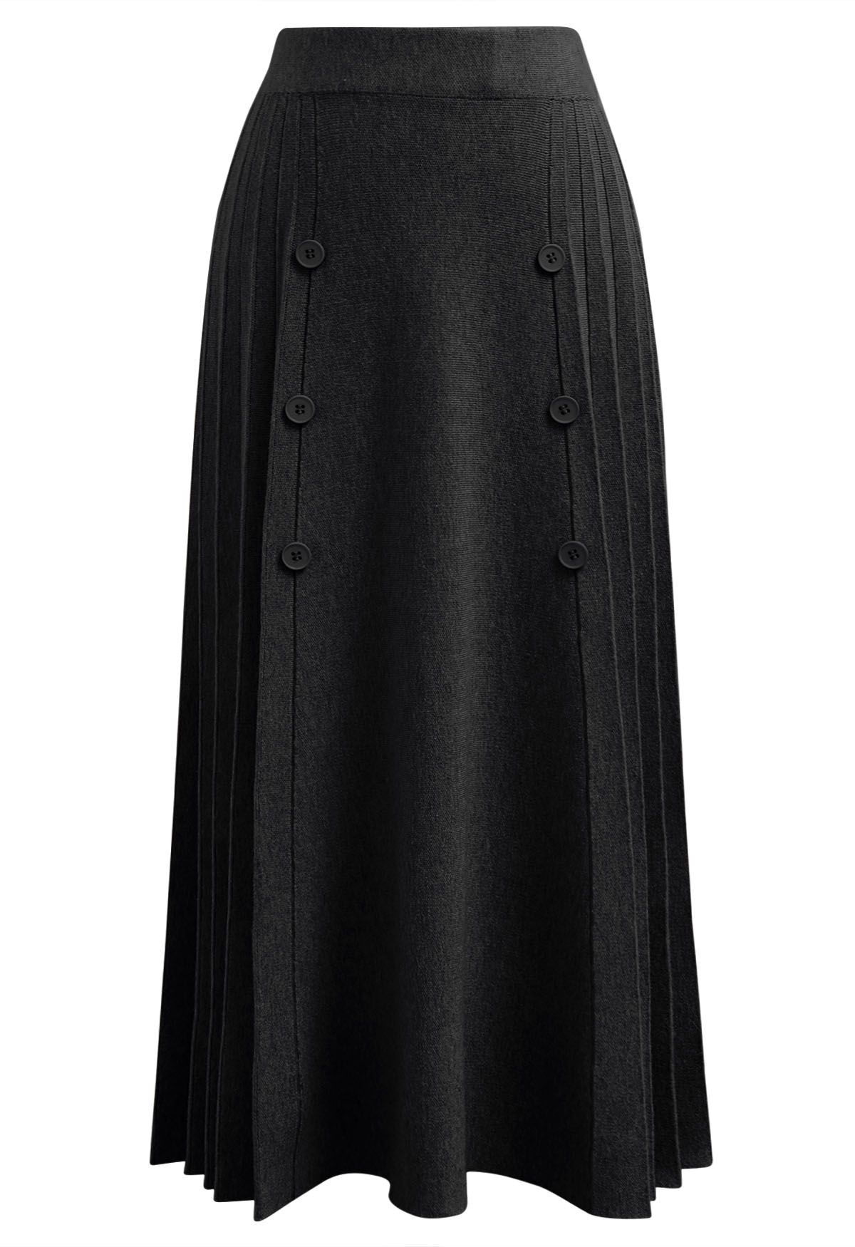 Soft Elegance Button Trim Pleats Knit Skirt in Black