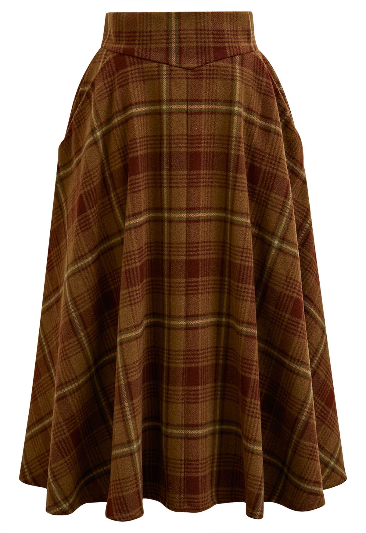 Fall in Plaid Side Pocket A-Line Midi Skirt