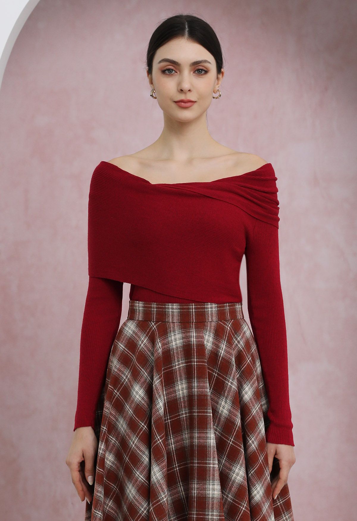 Soft Elegance Off-Shoulder Flap Knit Top in Red