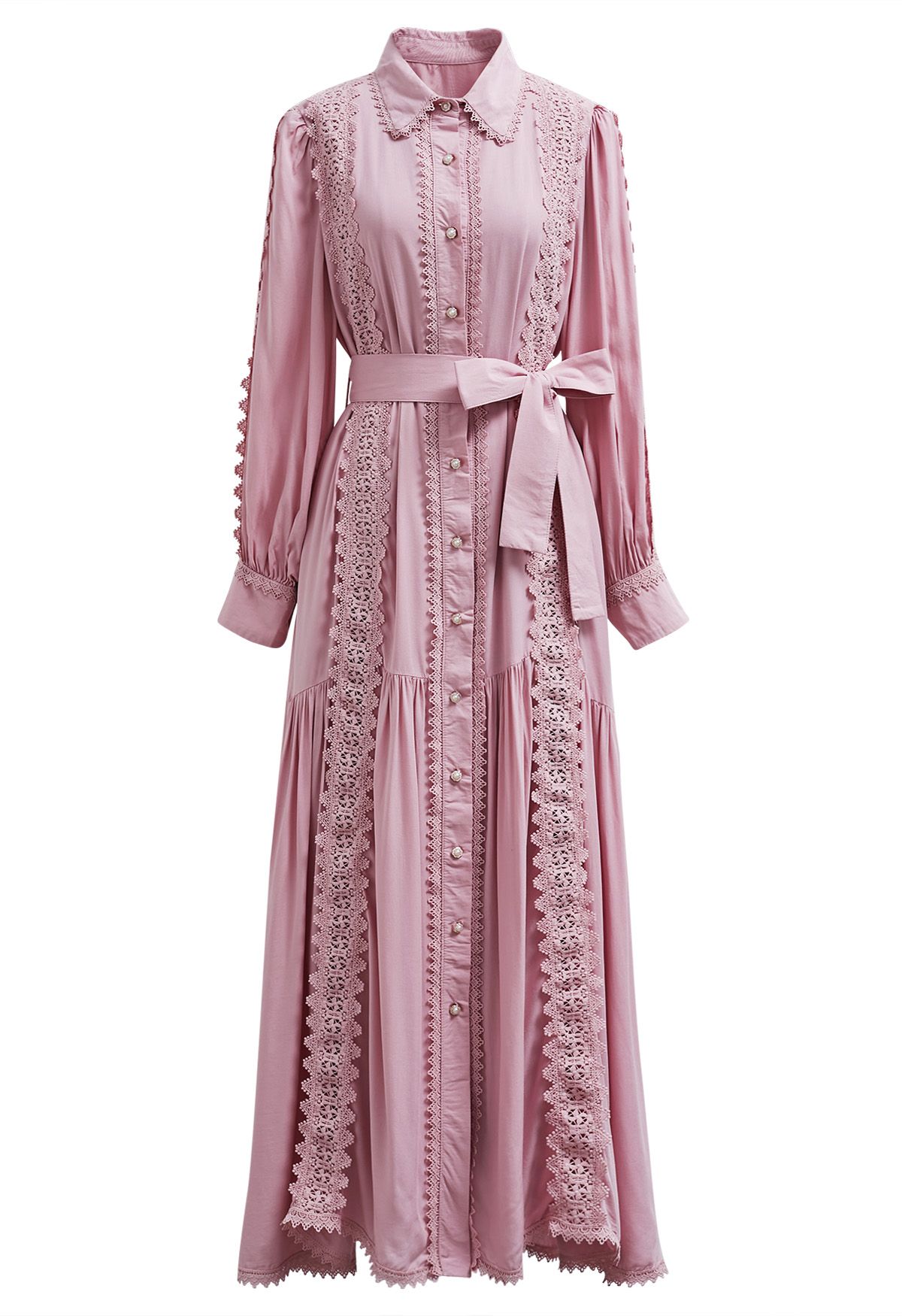 Captivating Lace Tie-Waist Button Down Maxi Dress in Pink