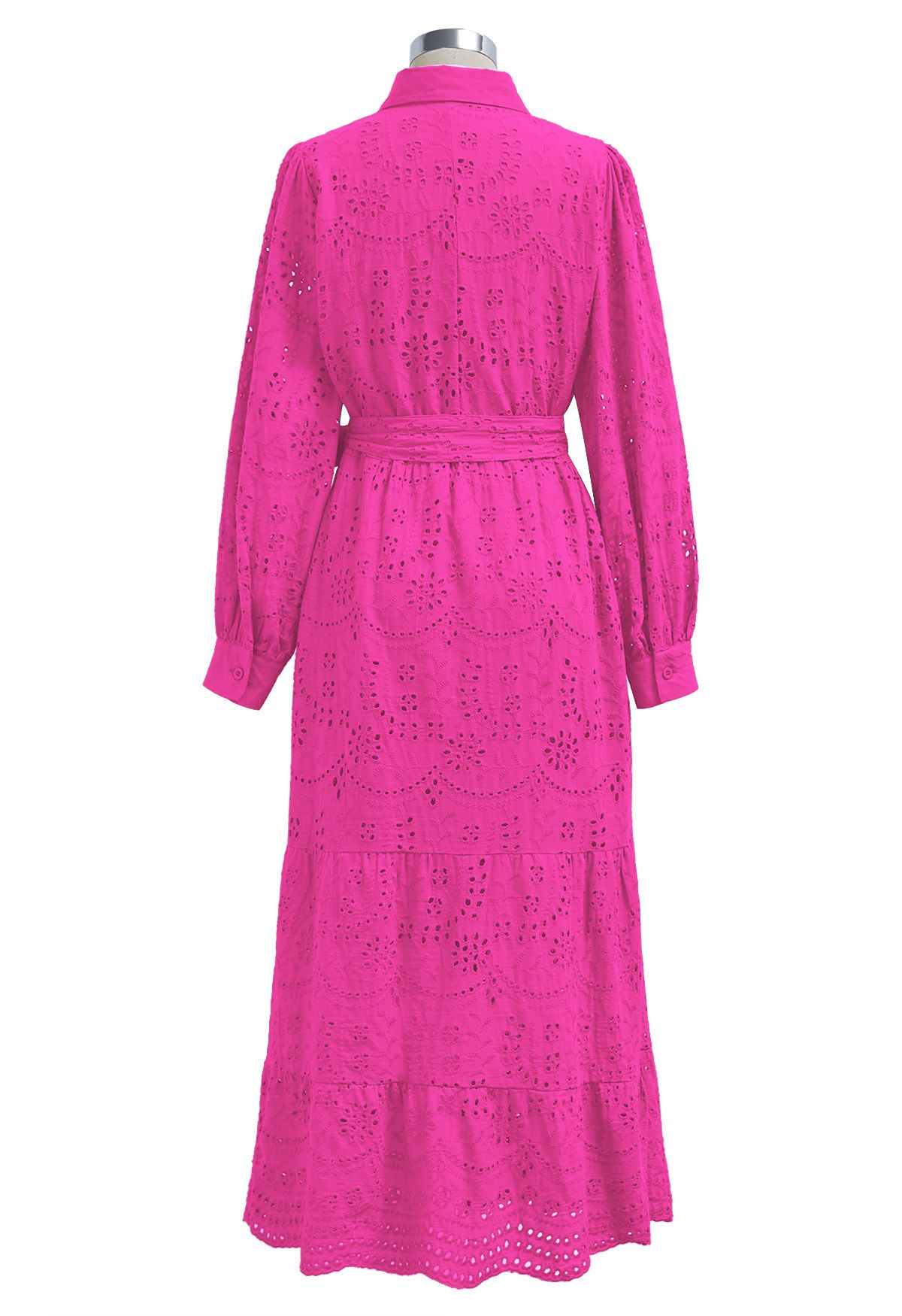 Delicate Eyelet Embroidery Tie-Waist Buttoned Midi Dress in Hot Pink