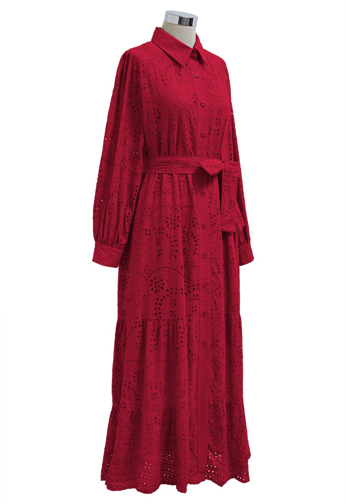 Delicate Eyelet Embroidery Tie-Waist Buttoned Midi Dress in Red