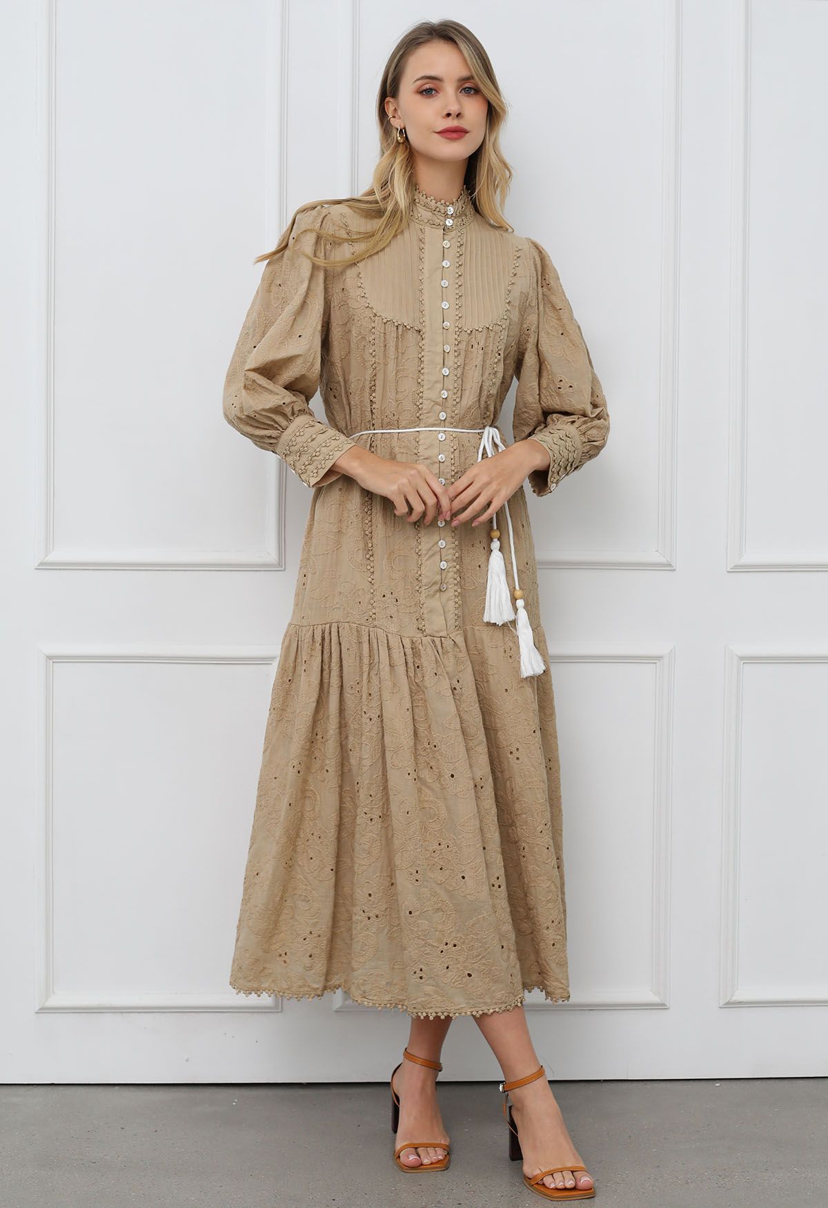 Floral Eyelet Embroidery Tassel String Buttoned Maxi Dress in Light Tan