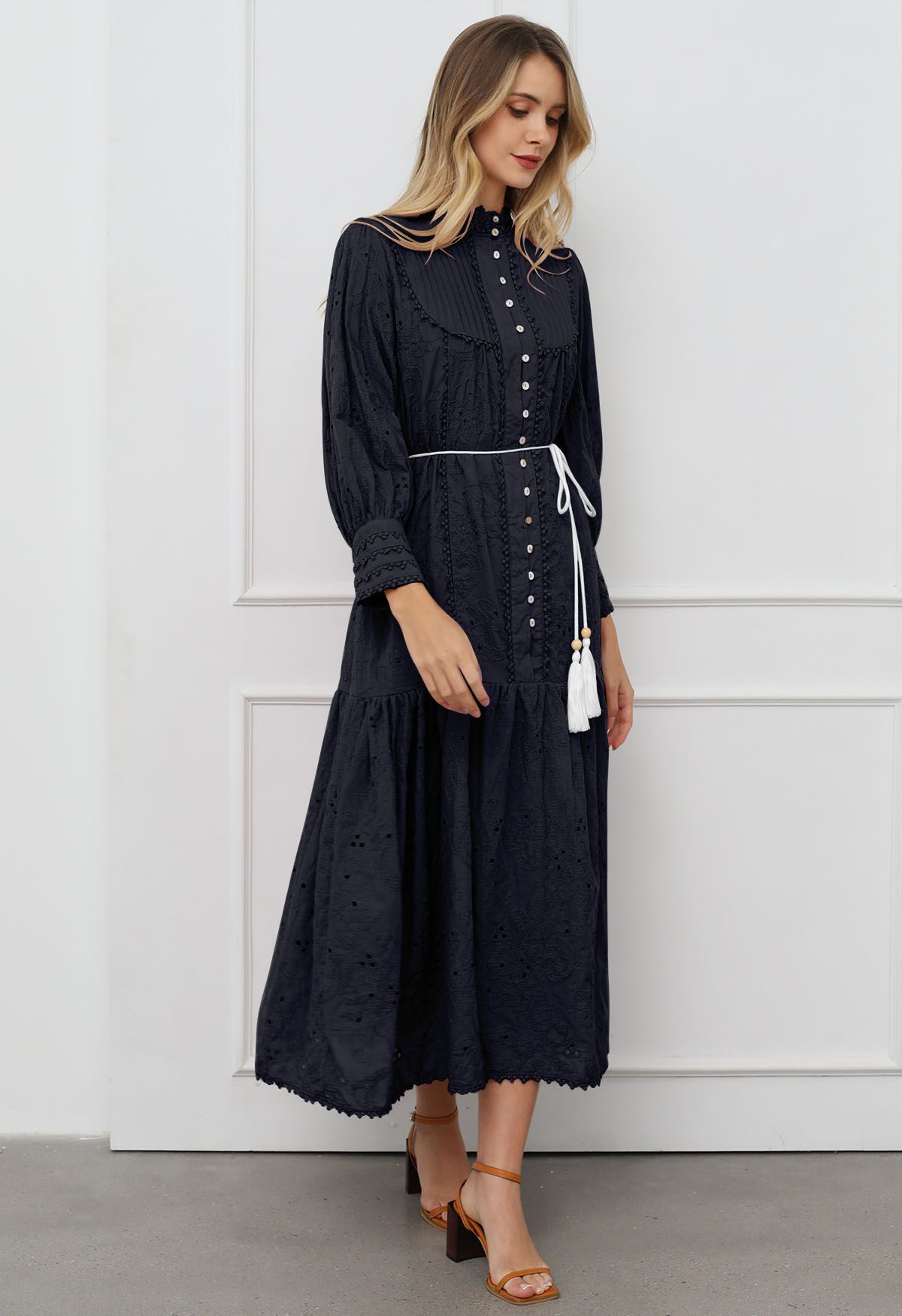 Floral Eyelet Embroidery Tassel String Buttoned Maxi Dress in Black