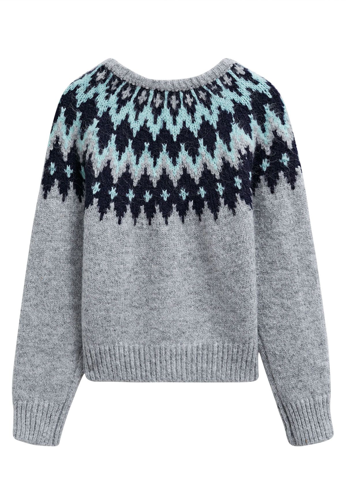 Winter Whimsy Fair Isle Ribbed Knit Sweater in Grey