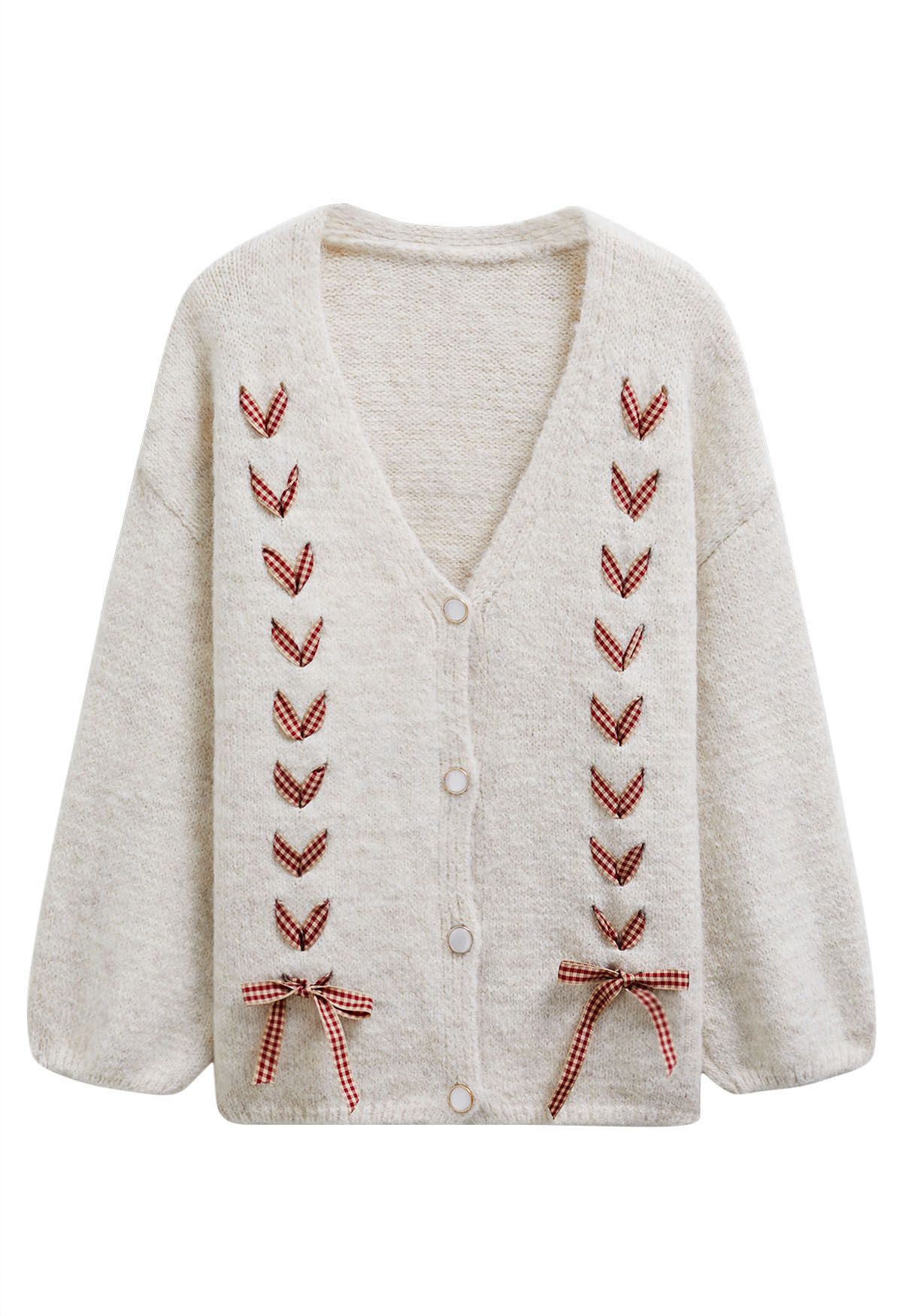 Gingham Ribbon Lace-Up Fuzzy Knit Cardigan in Oatmeal