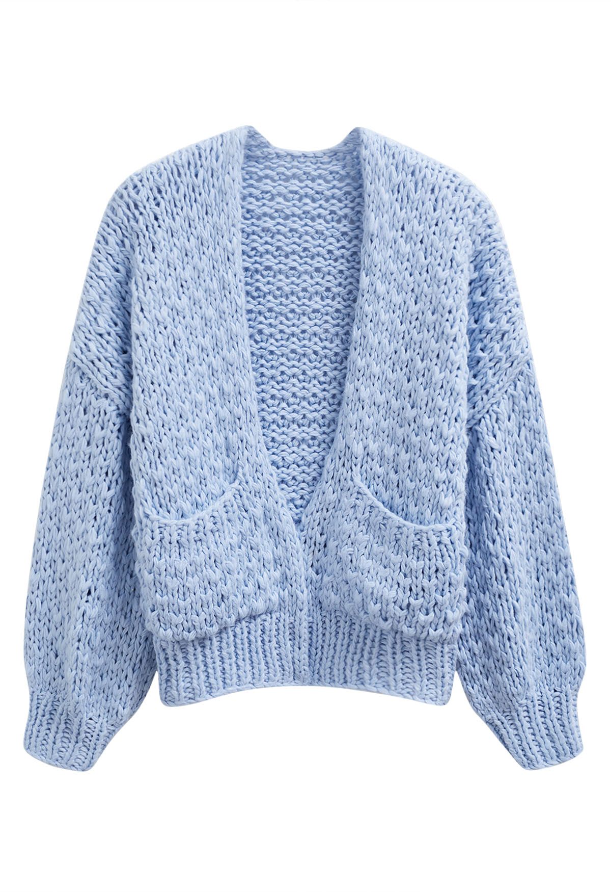 Chunky Hand Knit Patch Pocket Open Front Cardigan in Baby Blue