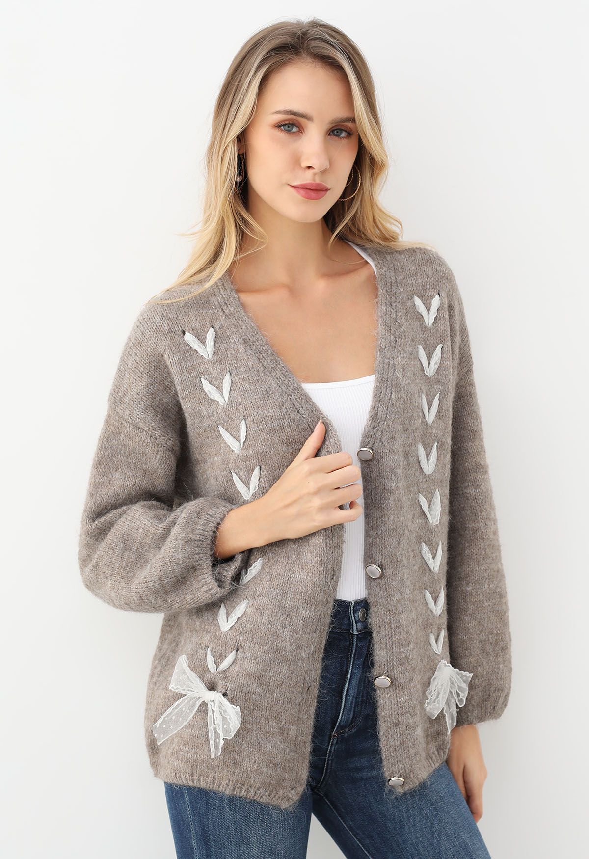 Lace Ribbon Lace-Up Fuzzy Knit Cardigan in Taupe