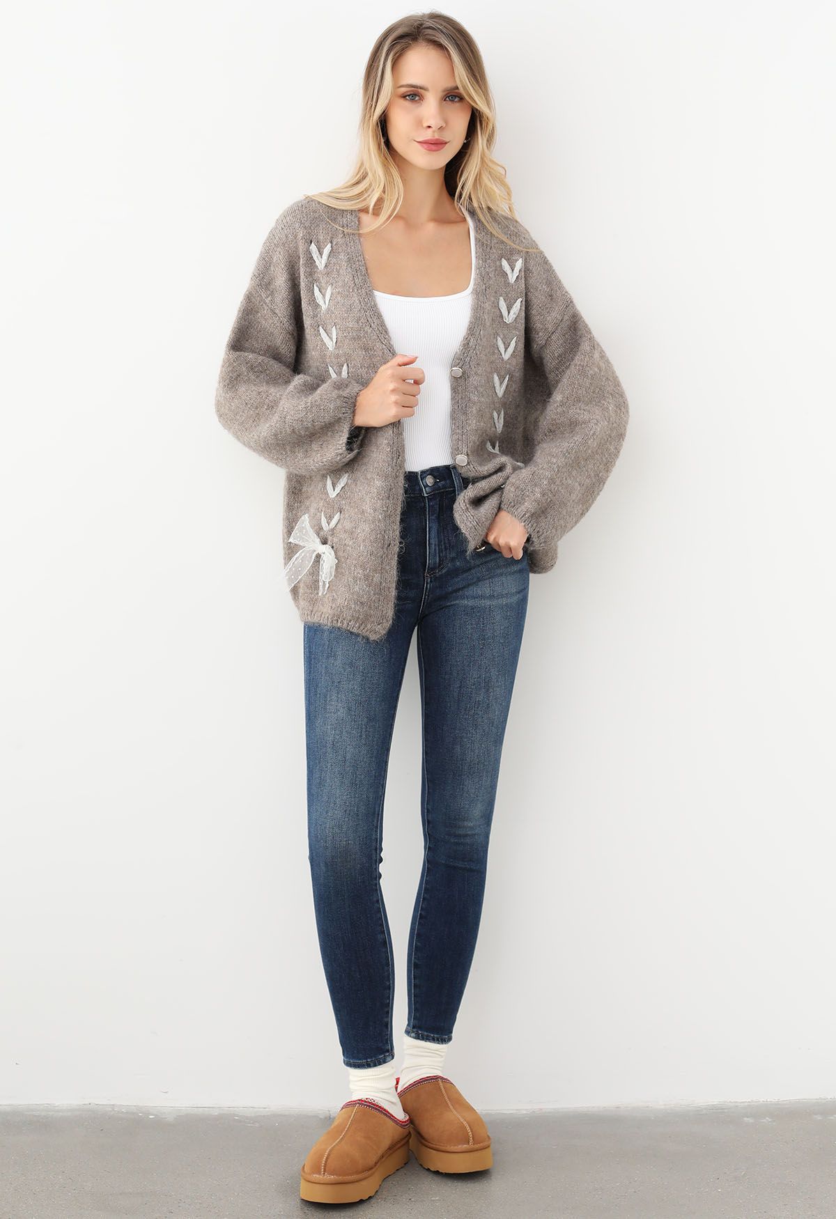 Lace Ribbon Lace-Up Fuzzy Knit Cardigan in Taupe