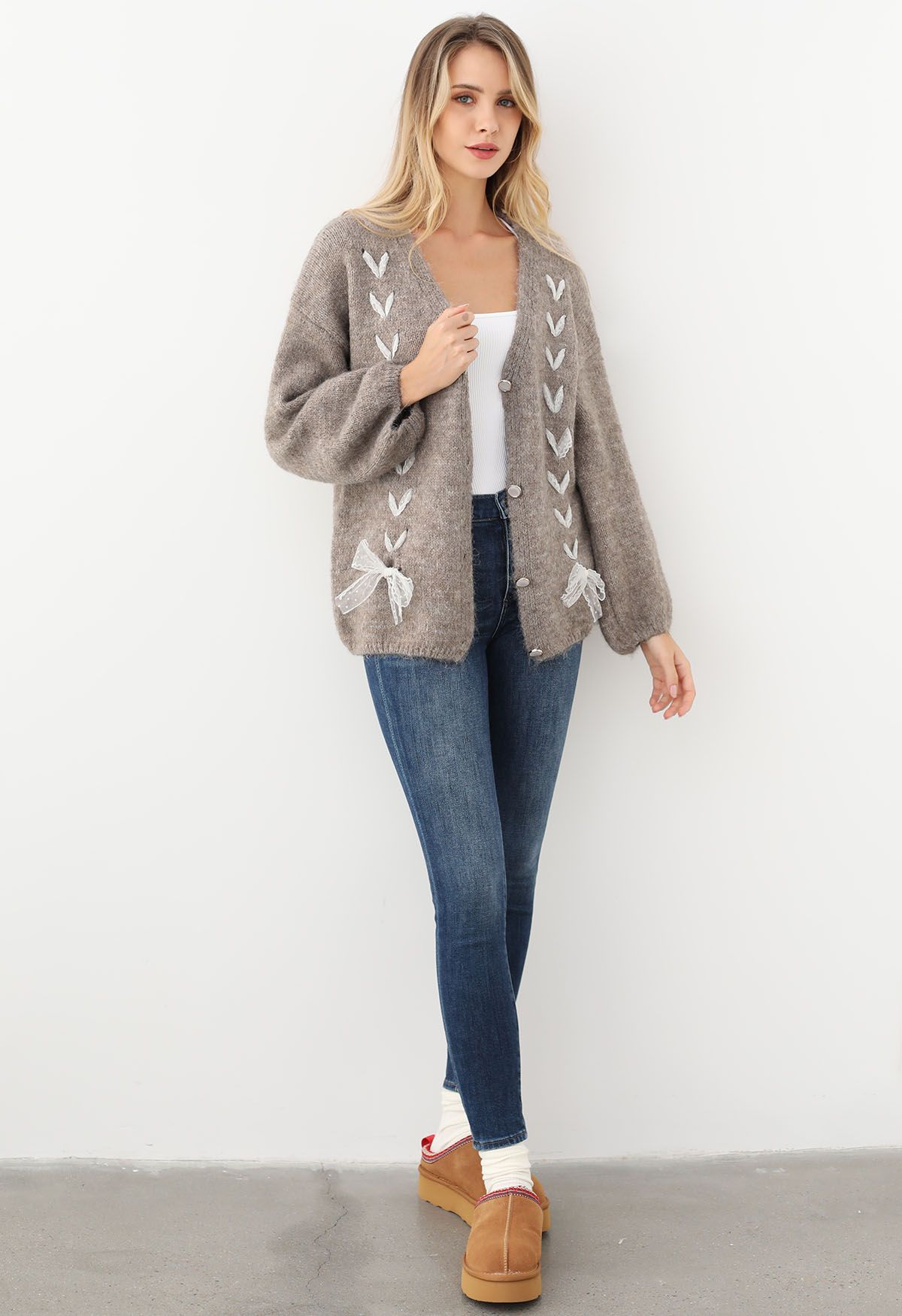 Lace Ribbon Lace-Up Fuzzy Knit Cardigan in Taupe